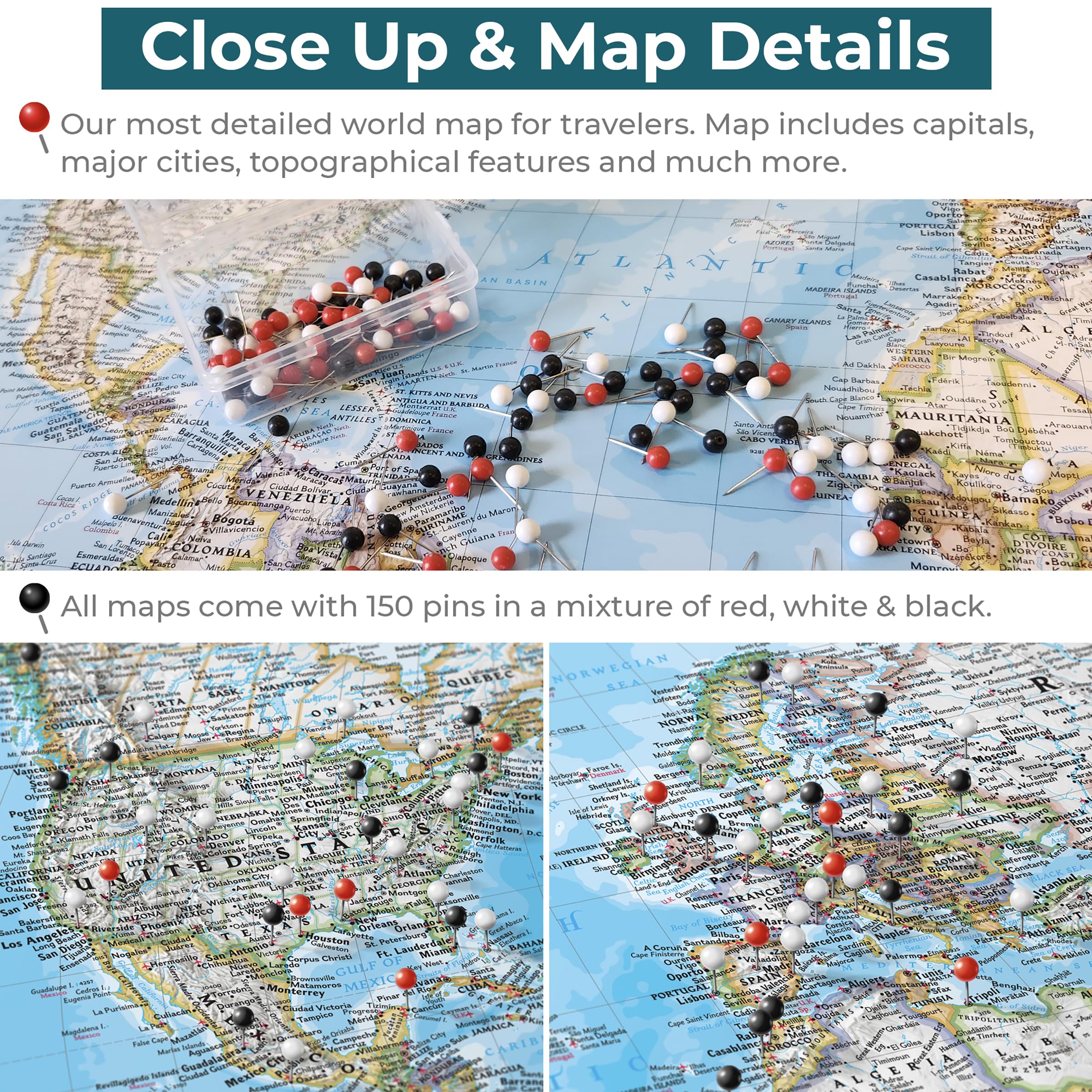 Push Pin Travel Map - Classic World Black with 150 Pins for Tracking Adventures - 27.5