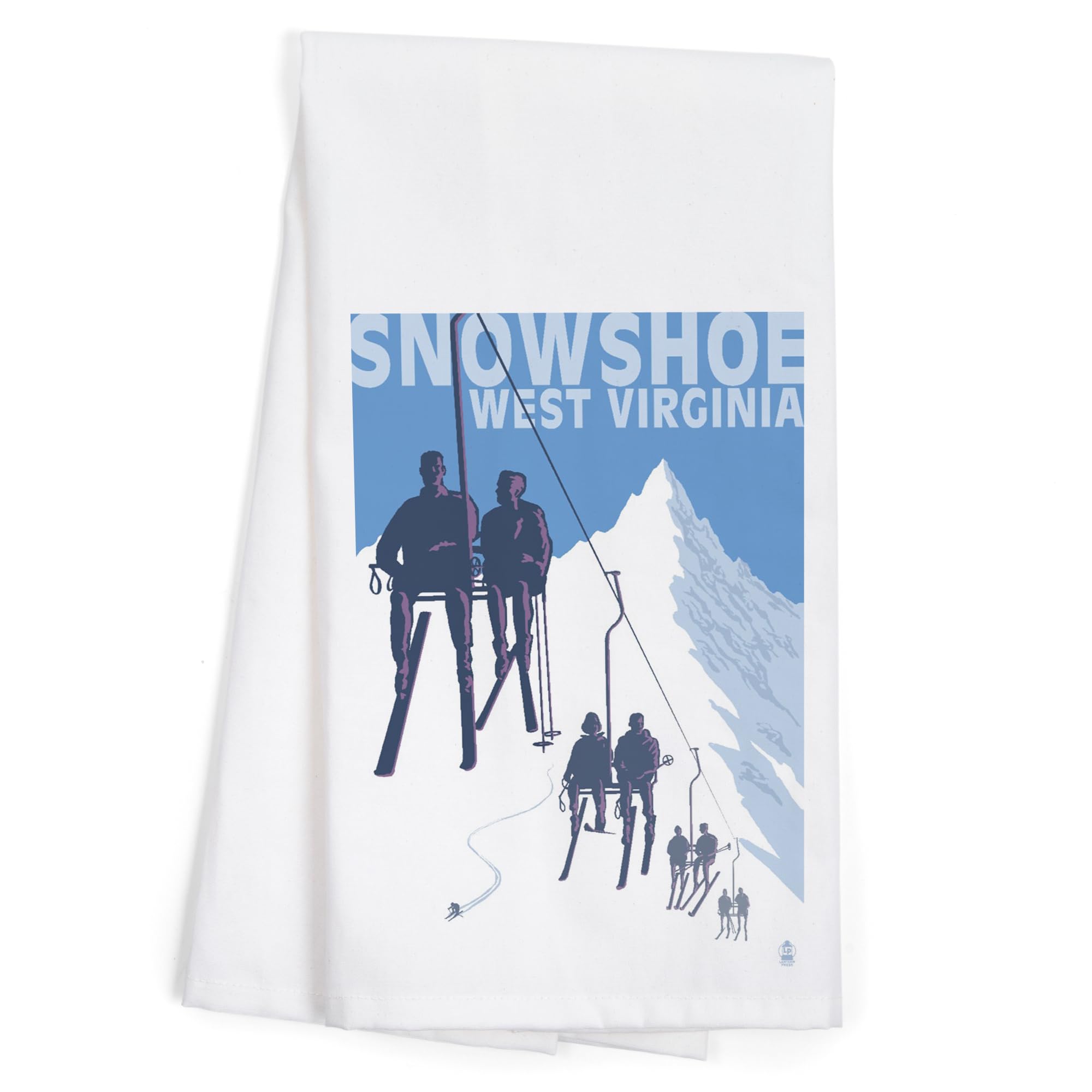 Lantern Press Snowshoe West Virginia Skiers on Lift 100% Cotton Tea Towel - Decorative Hand Towel for Kitchen, Home Decor & Gift - Perfect for Drying Dishes, Decorating & Hostess Gifts