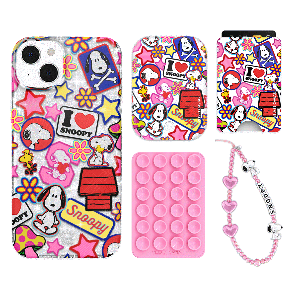 Snoopy Glitter iPhone Case with Wallet - Cute Cartoon Patchwork Design for iPhone 13/14/15 Pro Max - Perfect for School, Work & Travel Accessories