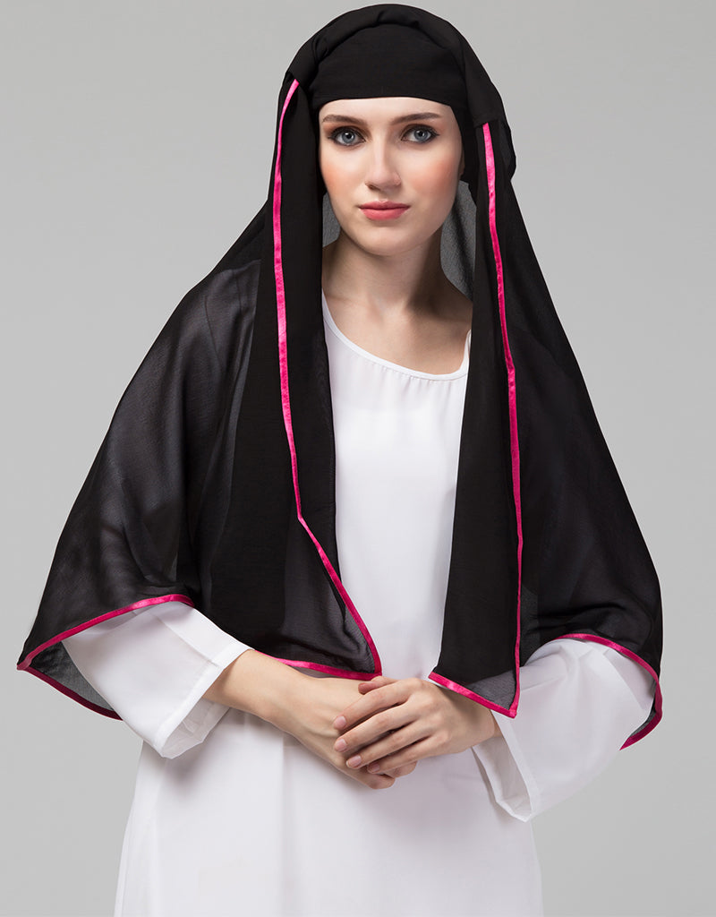 Black and Pink Polyester Georgette Hijab Scarf - Lightweight Muslim Head Cover for Women - Perfect for Daily Wear, Prayer, and Special Occasions