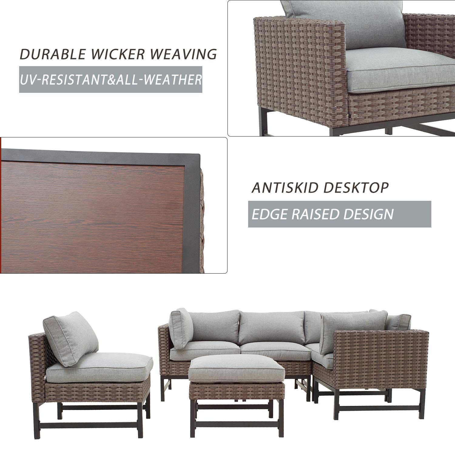 6-Piece Outdoor Patio Furniture Set - Wicker Sectional Sofa with Metal Frame, Thick Cushions & Ottoman (Gray) - Perfect for Garden, Poolside, and Backyard Relaxation