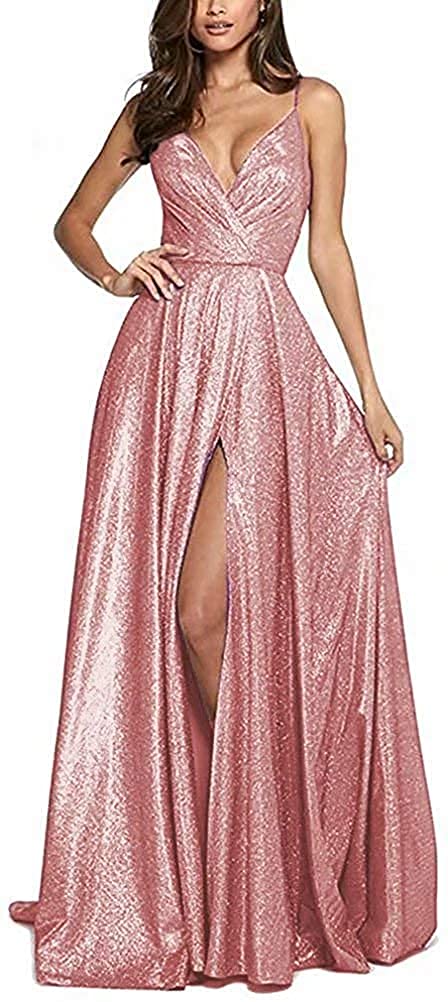 Yadressy Women's Long Glitter Prom Dress - V Neck Sleeveless Ball Gown A-Line Wedding Party Dress with Slit GY11 | Elegant Evening Gown for Homecoming, Quinceañera, Formal Dances & Special Occasions