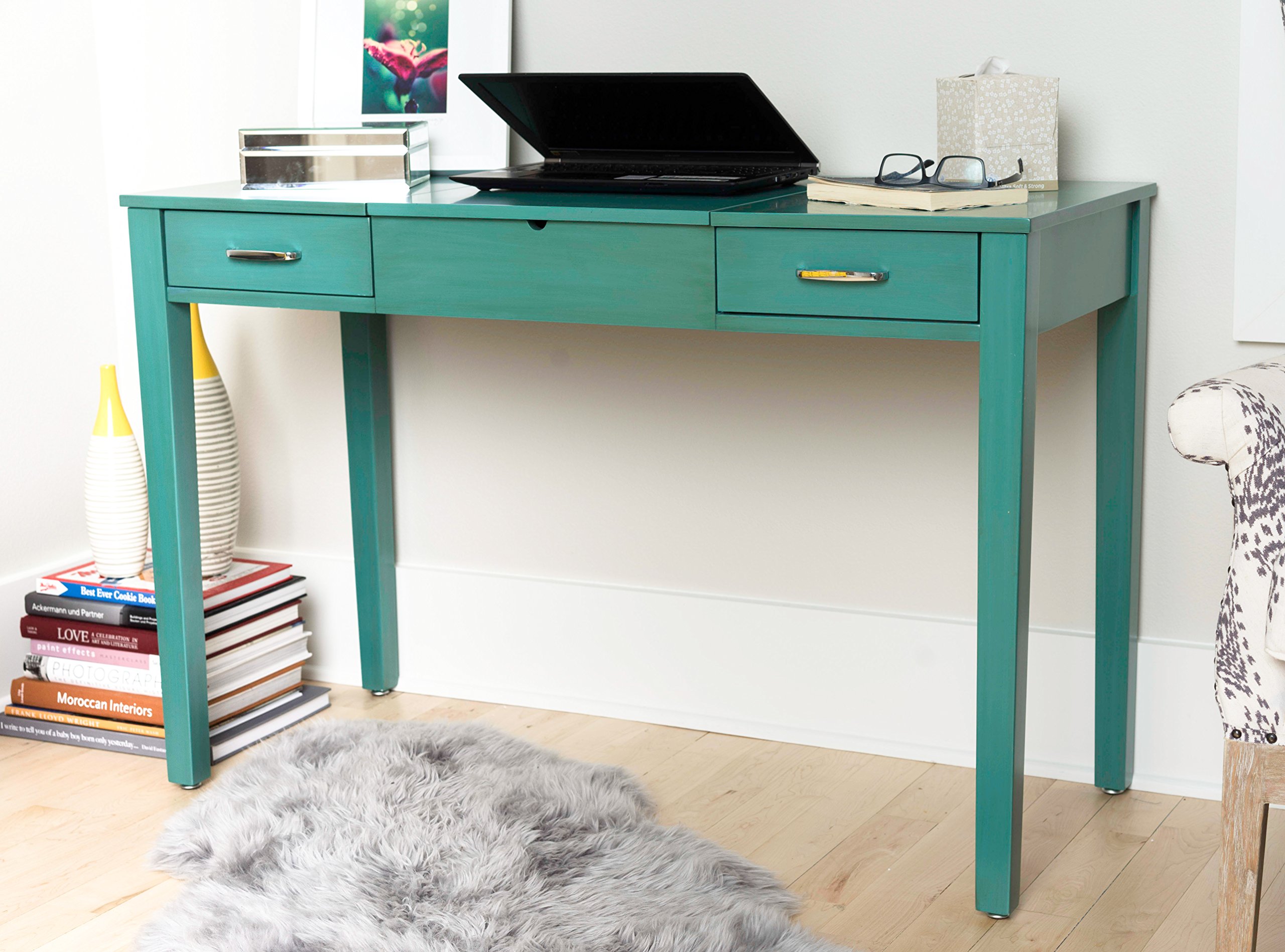 Hives and Honey Ainsley Vanity Desk with Lift-Top Mirror - Modern Wood Grain Makeup Dressing Table with 2 Drawers, USB & Power Outlet, Smooth Glide & Brushed Chrome Hardware - Perfect for Bedroom, Dorm, or Apartment Beauty & Organization (Turquoise)