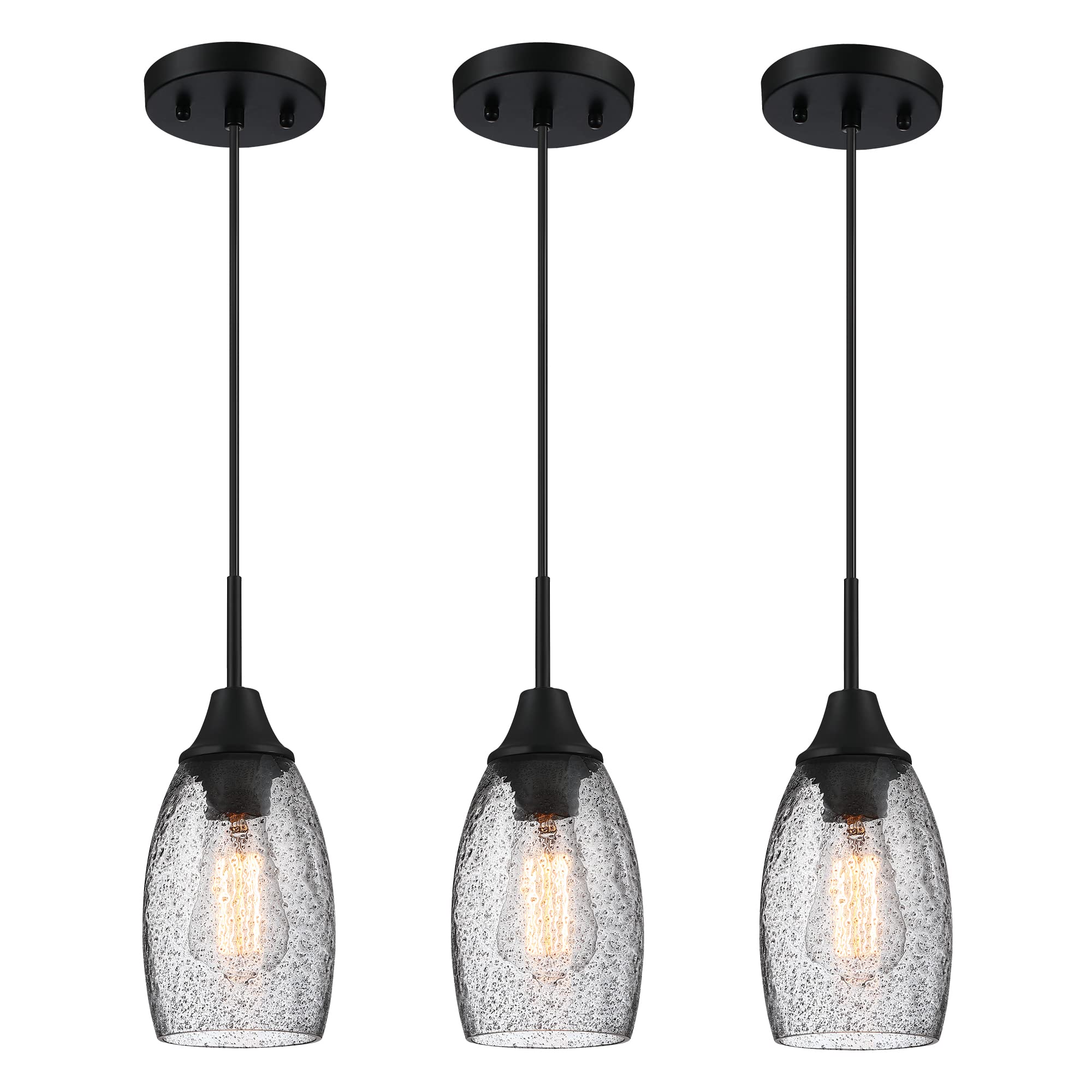 Handblown Mini Glass Pendant Light - Black Seeded Art Glass Shade with Adjustable Cord (3-Pack) | Farmhouse Ceiling Lamp for Kitchen Island, Dining Room & Bedroom | Perfect for Rustic, Vintage & Industrial Home Decor