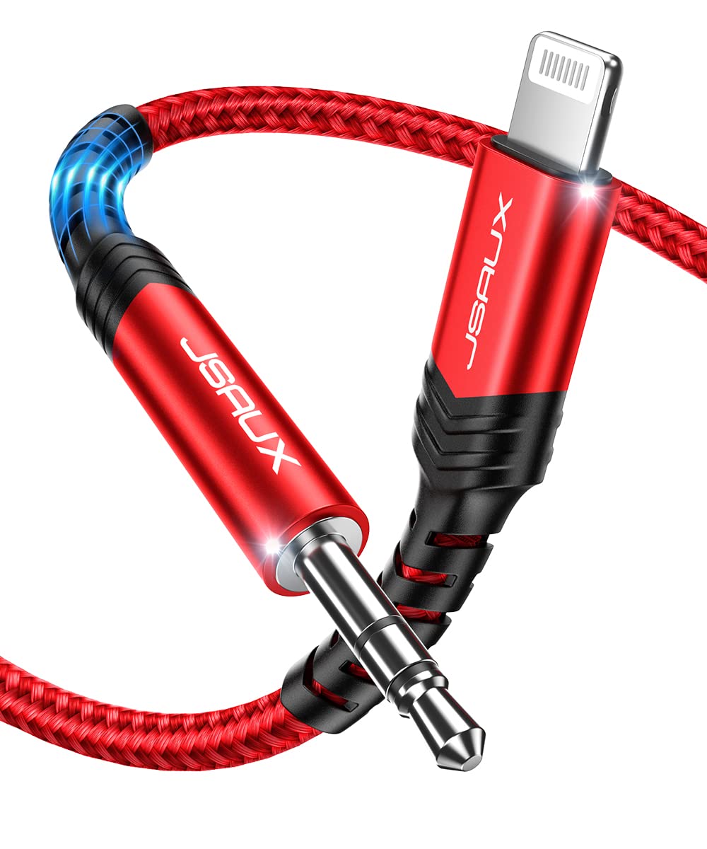 JSAUX MFi Certified iPhone Aux Cable 1M - Nylon Braided Lightning to 3.5mm Headphone Jack Audio Cable for iPhone 12/11/X/XR/8/7 (Red) - Perfect for Car, Home & Travel Music Listening