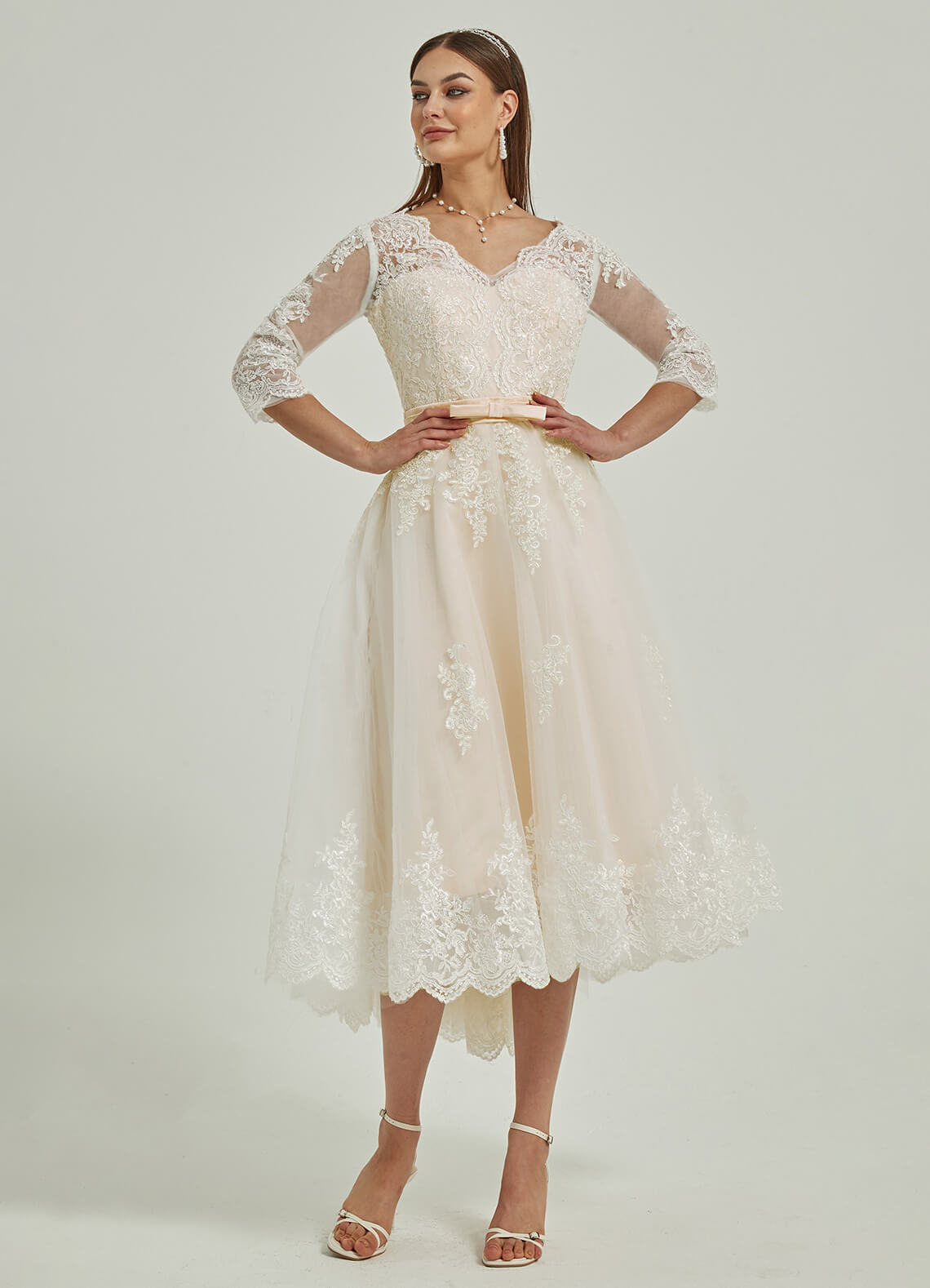 Elegant Diamond White & Champagne Lace A-Line Wedding Dress with 3/4 Sleeves and High-Low Hem - Perfect for Beach Weddings, Garden Ceremonies, and Romantic Vows