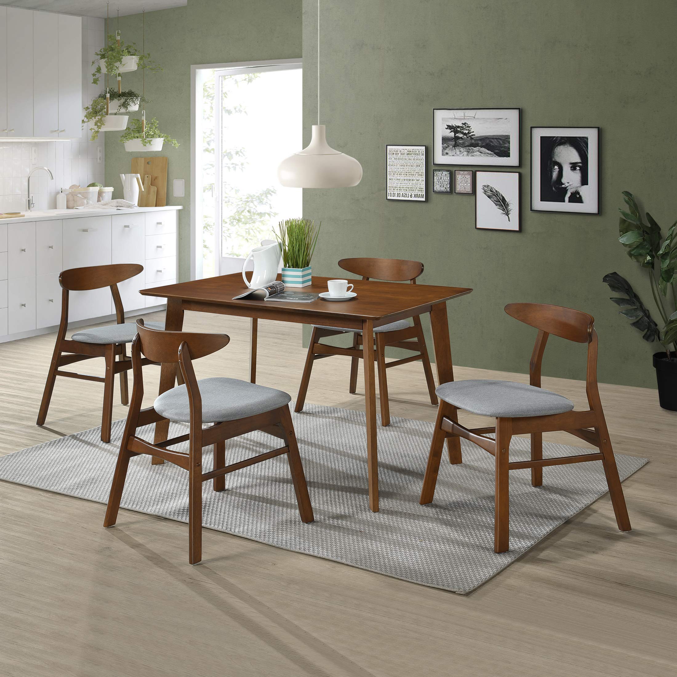 WO 5-Piece Indoor Wood Dining Table Set with Chairs & Bench - Traditional Retro Aesthetic Upholstered Furniture for Home, Complete Dining Room (Gray/Grey) - Perfect for Family Gatherings & Entertaining Guests