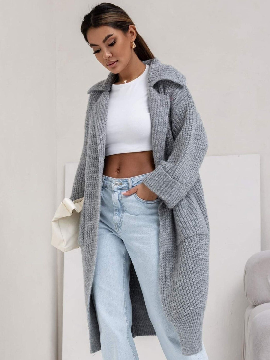 Women's Stylish Pocketed Collared Neck Drop Shoulder Cardigan Sweater - Perfect for Office Wear, Casual Outfits & Fall Layering