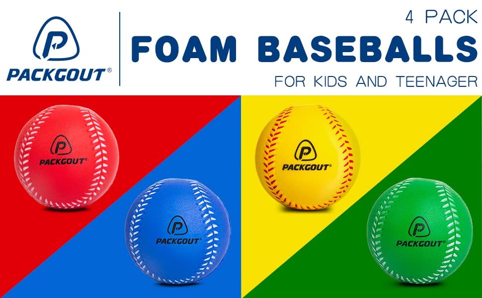 Soft Foam Baseballs for Kids & Teens - 4 Pack Training Balls (Red, Blue, Yellow, Green) - Safe Practice Baseballs for Indoor/Outdoor Backyard Games, T-Ball Practice & Youth Baseball Training