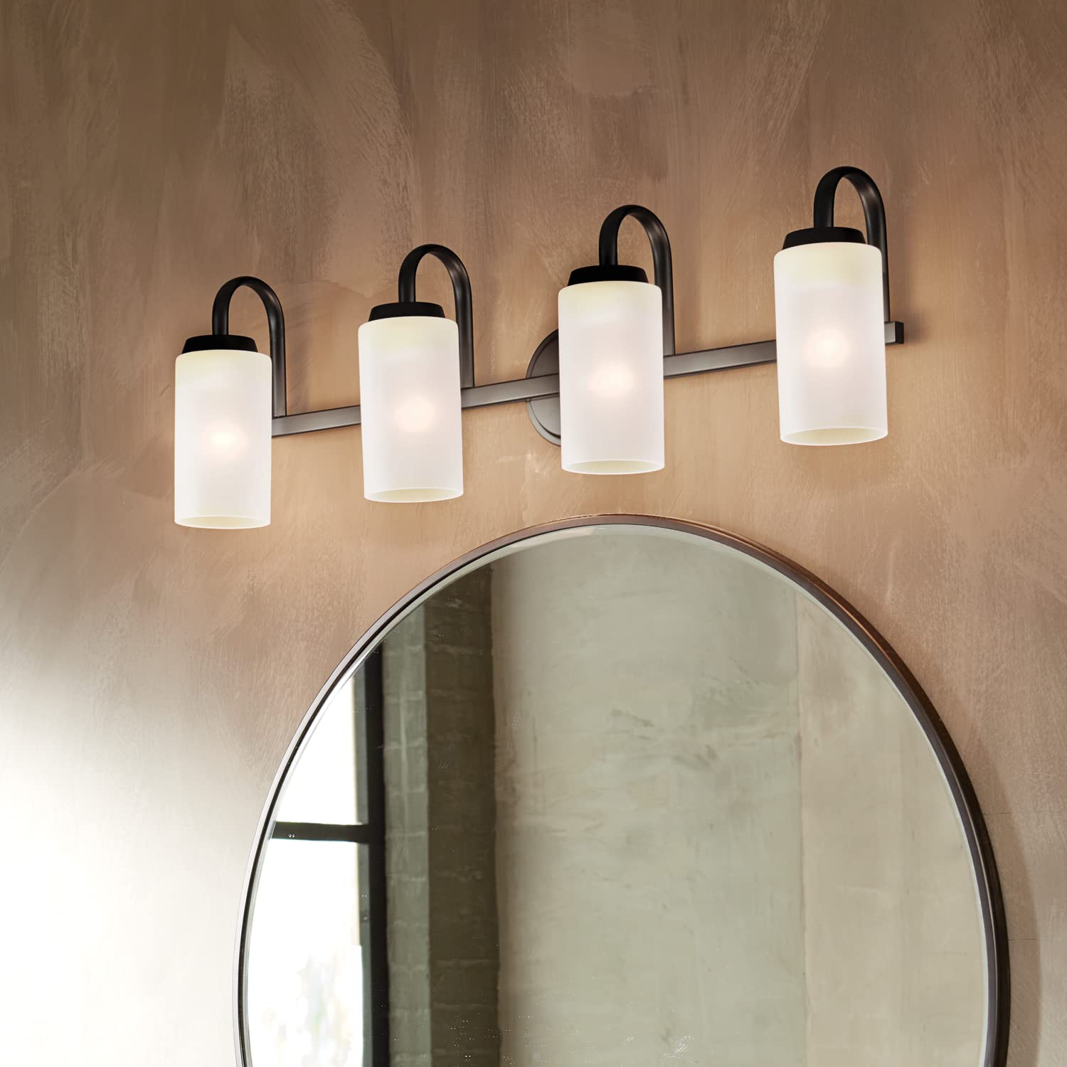 Kichler Kennewick™ 4-Light Black Bathroom Vanity Light with Etched Glass - Perfect for Modern Bathrooms, Powder Rooms & Dressing Areas