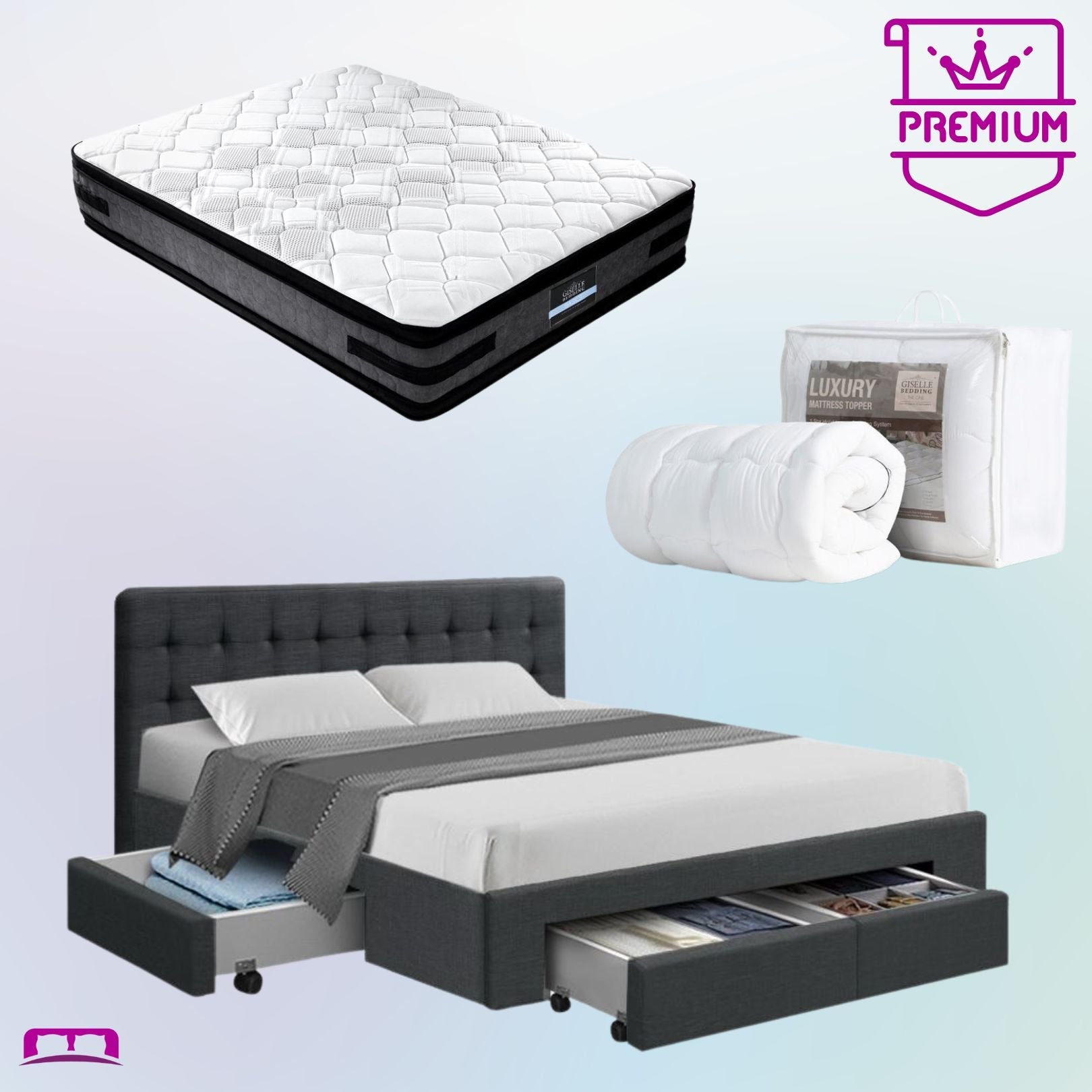 Premium Double Bed Set: Trinity Charcoal Bed Frame, Luna Series Euro Top Medium Firm Mattress & Bamboo Mattress Topper - Perfect for Master Bedrooms, Guest Rooms & Luxury Apartments