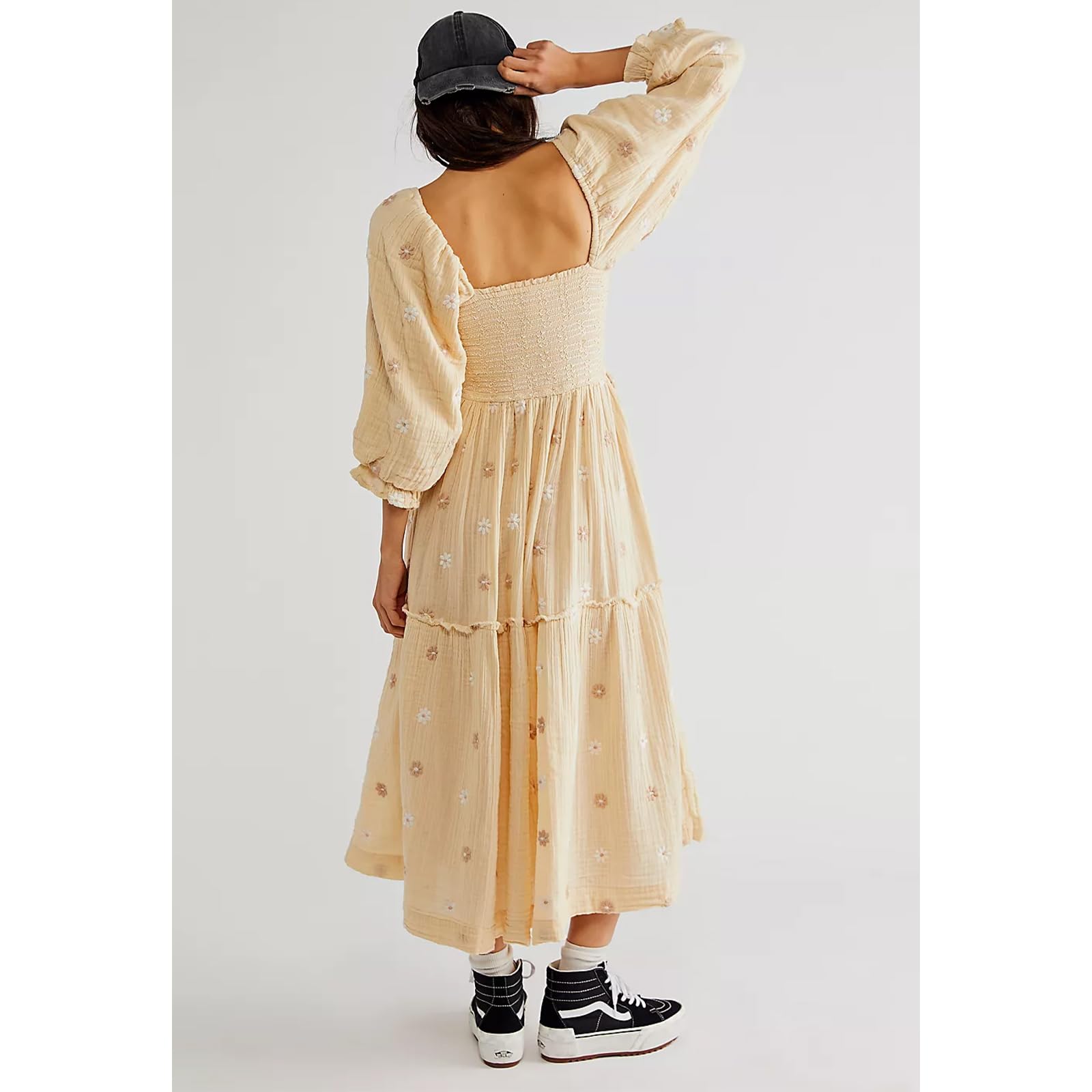 Women's Floral Embroidered Maxi Dress with Long Puff Sleeves & Square Neck - Bohemian Flowy Summer Dress with Pockets & Smocked Waist | Perfect for Beach Vacations, Date Nights & Fall Weddings