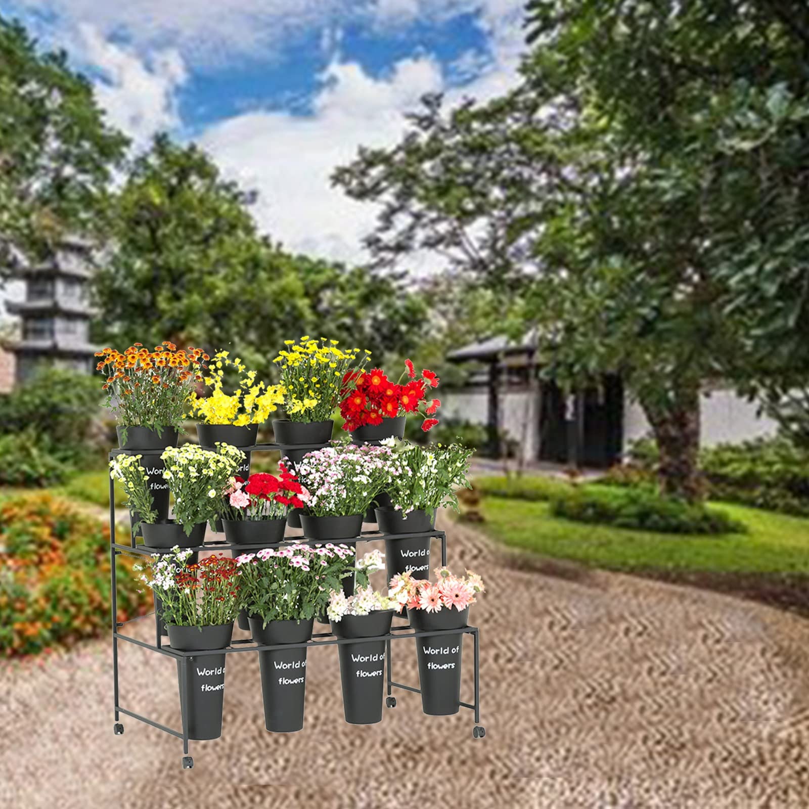 3-Tier Metal Plant Stand with Wheels - Decorative Flower Pot Rack & Freestanding Display Stand Includes 12 Plastic Buckets - Perfect for Indoor/Outdoor Garden, Home Decor, and Retail Store Displays [Black]