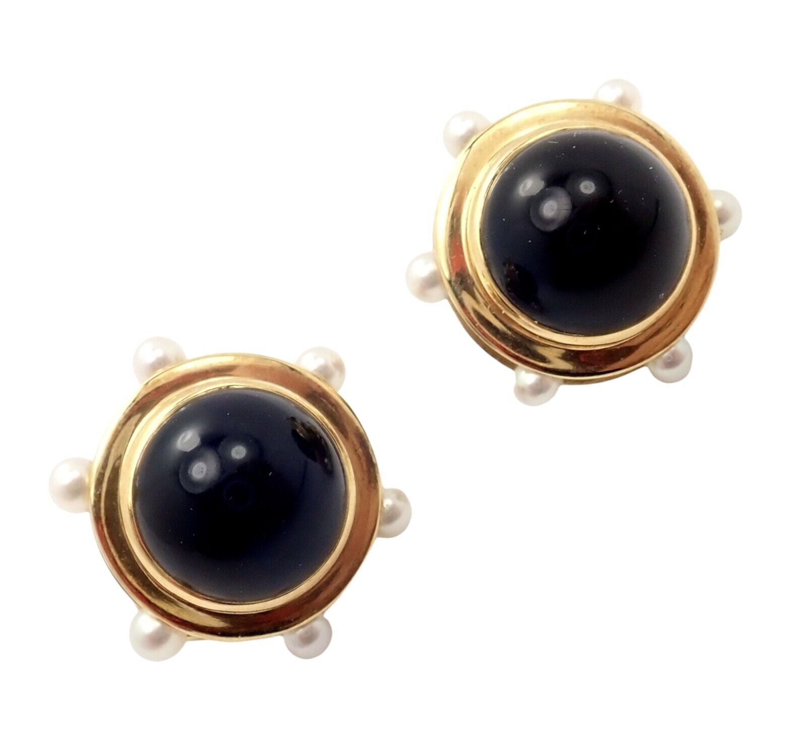 Vintage Authentic Tiffany & Co. 18k Yellow Gold Pearl & Onyx Earrings - Rare Luxury Jewelry for Women, Elegant Gift for Anniversary, Wedding & Special Occasions