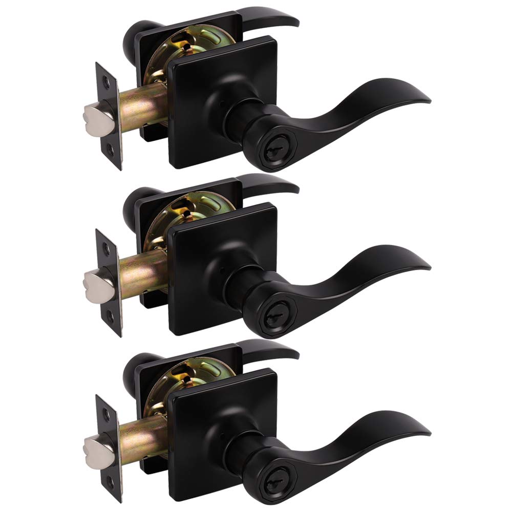 Knobelite Keyed Alike Exterior Door Levers 3-Pack - Black Wave Design Security Locksets for Front Entrance Doors (Right/Left Handed Reversible) | Perfect for Home, Office & Apartment Security