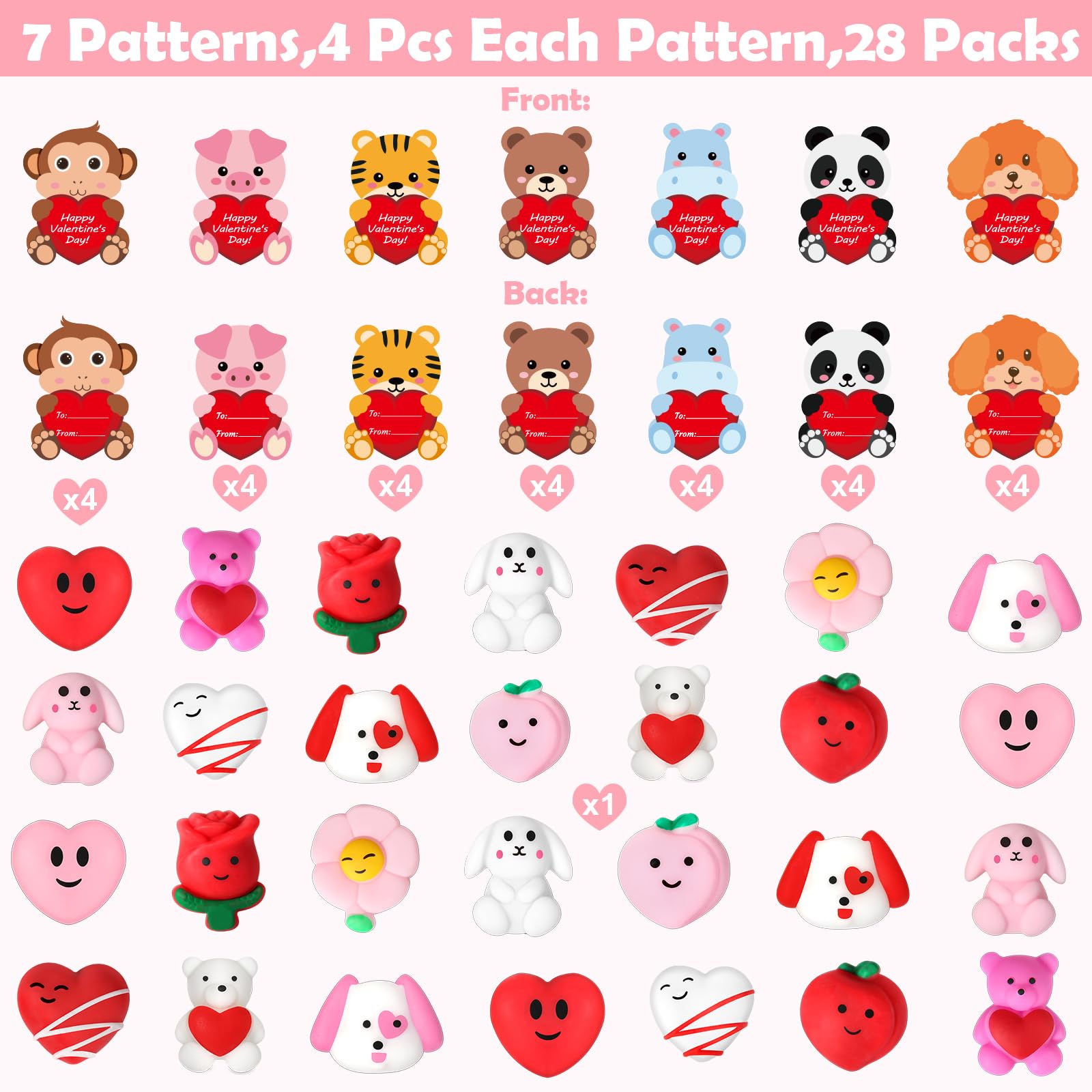 28 Pack Valentine Mochi Squishies - Kawaii Stress Relief Fidget Toys for Kids, Party Favors & Classroom Gifts