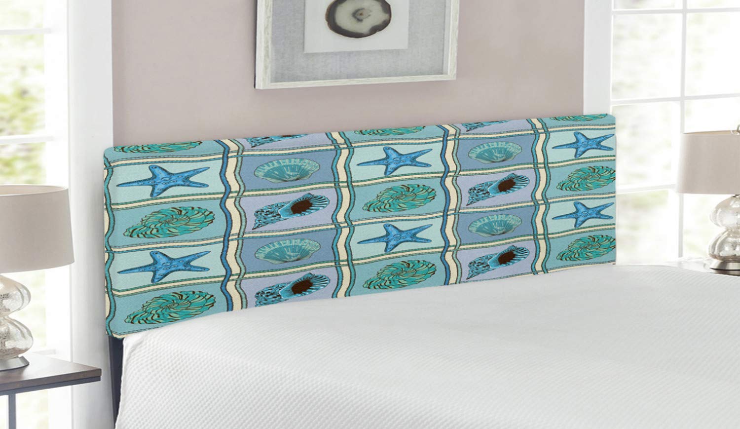Ambesonne Starfish Headboard - Marine Patchwork Style with Starfish & Seashells Print, Upholstered Decorative Metal Bed Headboard with Memory Foam, Queen Size, Multicolor - Perfect for Coastal & Beach-Themed Bedrooms, Guest Rooms & Vacation Homes