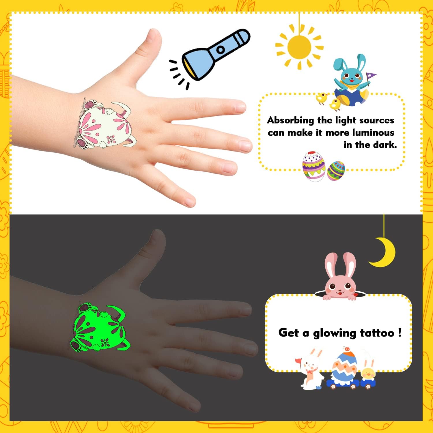 Cerlaza Easter Basket Stuffers - 24pcs Kids Temporary Tattoos for Easter Egg Hunt, Party Favors & Easter Basket Fillers - Fun Glow in The Dark Stickers for Easter Celebrations & Kids Activities