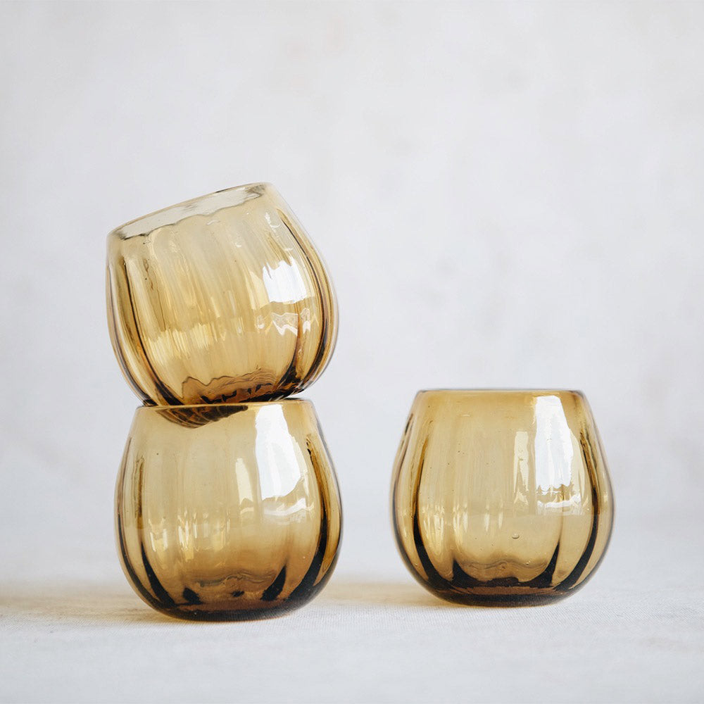 Recycled Glass Shorty Tumbler - Fluted Amber Design - Perfect for Cocktails, Iced Coffee & Home Decor