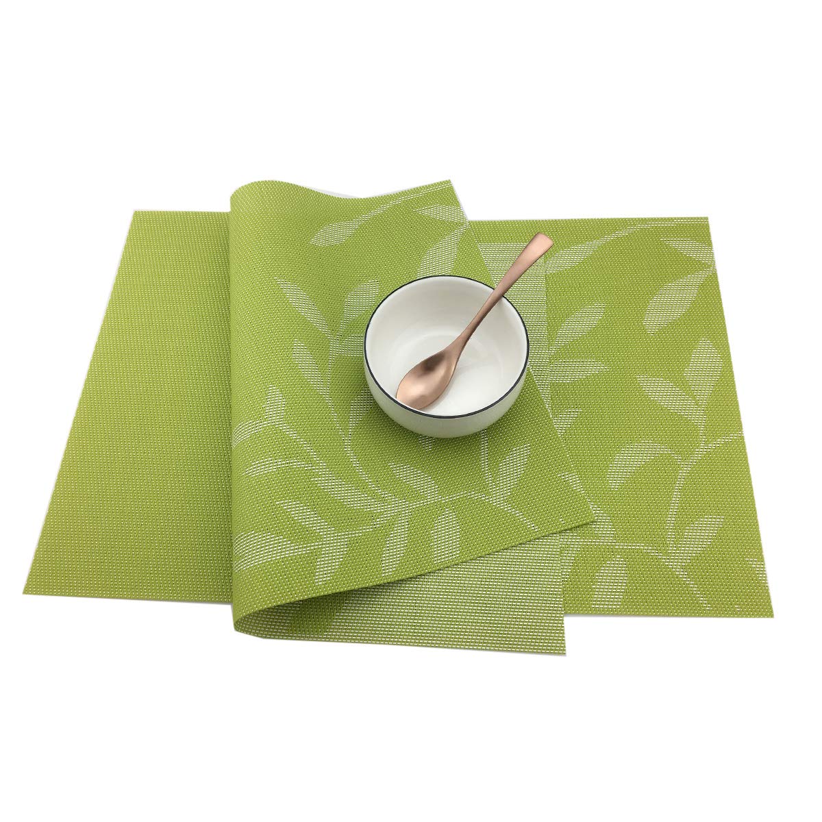 6-Piece PVC Woven Vinyl Placemats Set - Natural Green Leaves Design, Waterproof & Heat-Resistant Table Mats for Dining, Kitchen, and Outdoor Picnics (6 pcs)
