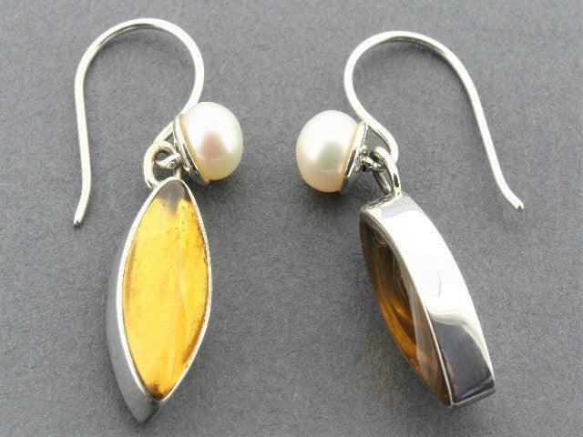 Elegant Almond-Shaped Amber & Freshwater Pearl Earrings in Sterling Silver - Perfect for Weddings, Parties & Special Occasions