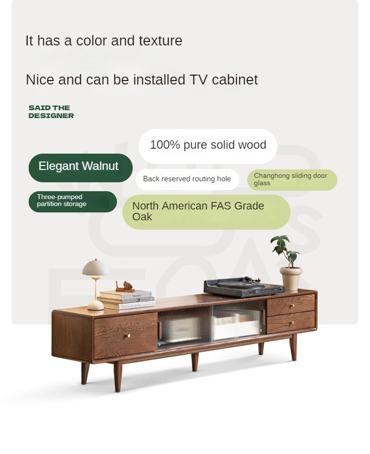 Solid Oak Wood TV Stand with Glass Sliding Doors - Modern Entertainment Center for Living Room, Bedroom & Home Theater