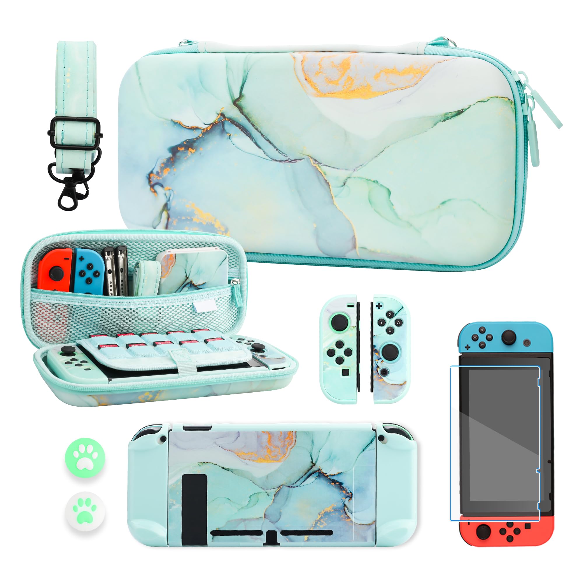 Premium Hard Shell Travel Case for Nintendo Switch - Green Marble Protective Cover with Screen Protector, Adjustable Shoulder Strap & 2 Thumb Grips | Portable Storage Solution for Gaming On-The-Go, Commuting & Travel Accessories