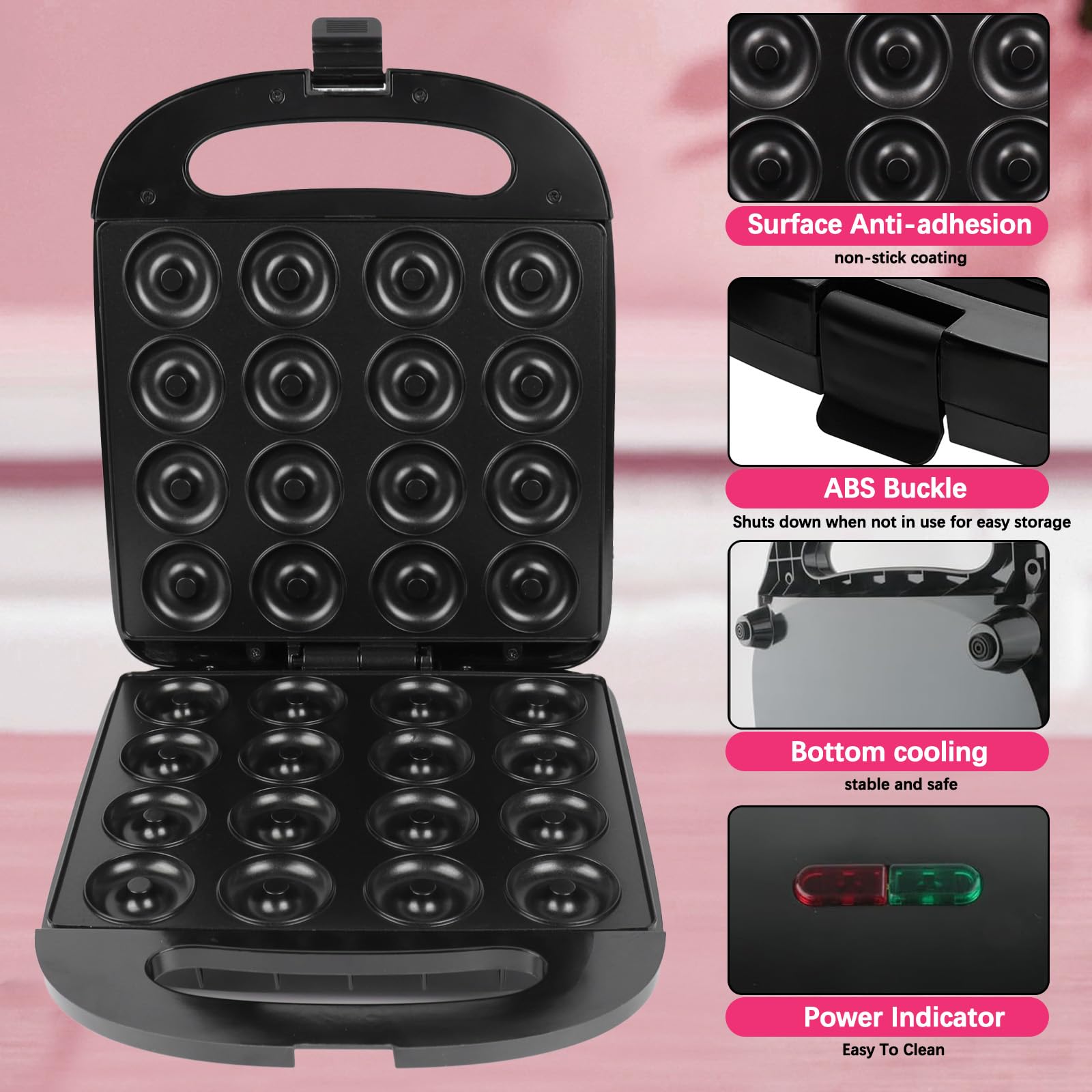 Mini Donut Maker Machine - 16 Mini Doughnuts & Pancakes Baker with Non-Stick Surface & Double-Sided Heating | Perfect for Breakfast, Snacks, Desserts, Parties & Kids Cooking Activities
