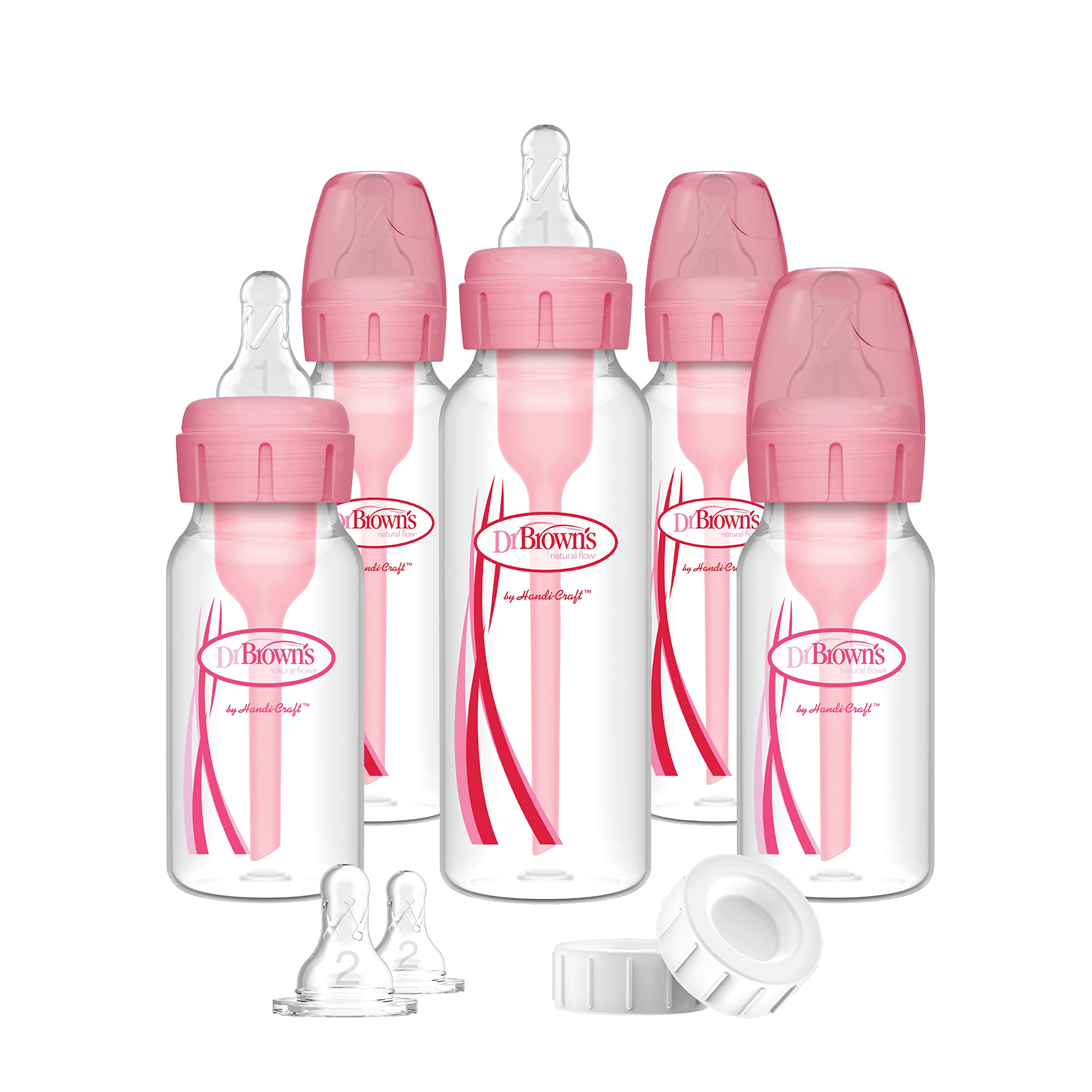 Dr. Brown's Options+ Anti-Colic Baby Bottle Set - 4oz Slow Flow Newborn Bottles with HappyPaci & Natural Flow Nipples - Pink Gift Set for Breastfed Babies | Perfect for Feeding, Travel & Reducing Colic