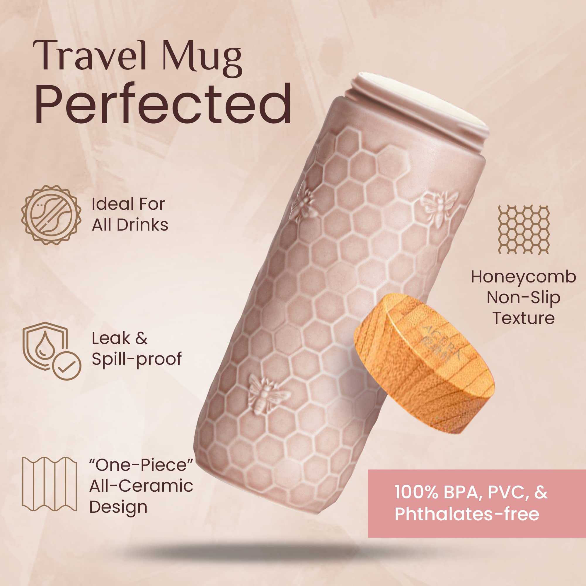 ACERA Liven - 16oz Ceramic Insulated Travel Mug with Leak-Proof Lid | Double Wall Vacuum Insulated Tumbler for Hot & Cold Drinks | Perfect for Coffee, Tea, Juice | Ideal for Office, Commuting, Hiking & Travel