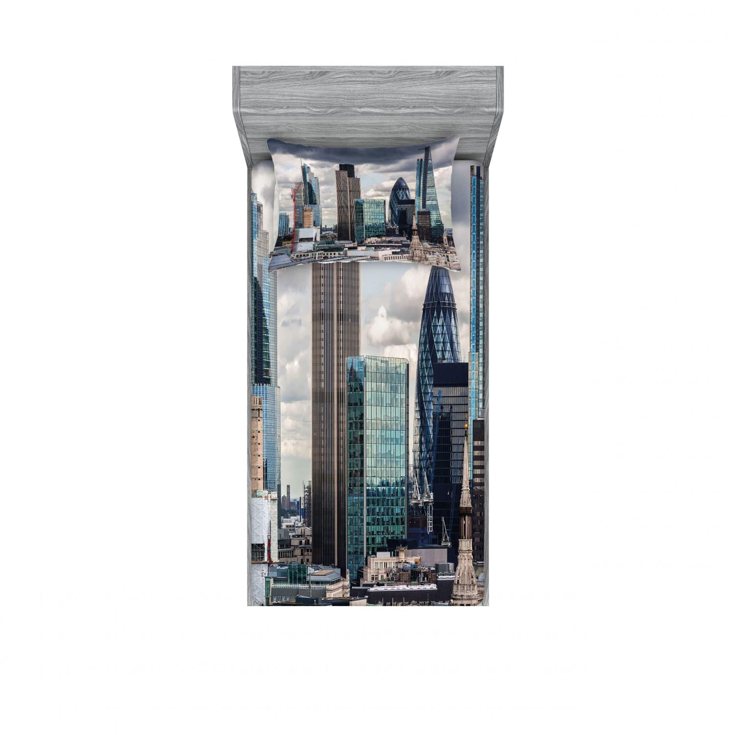 Ambesonne Urban 2-Pack Twin XL Fitted Sheet & Pillow Sham Set - London Cityscape Print Modern Bedding Decor (4-Piece Set, Multicolor) | Perfect for Dorms, Apartments & Guest Rooms