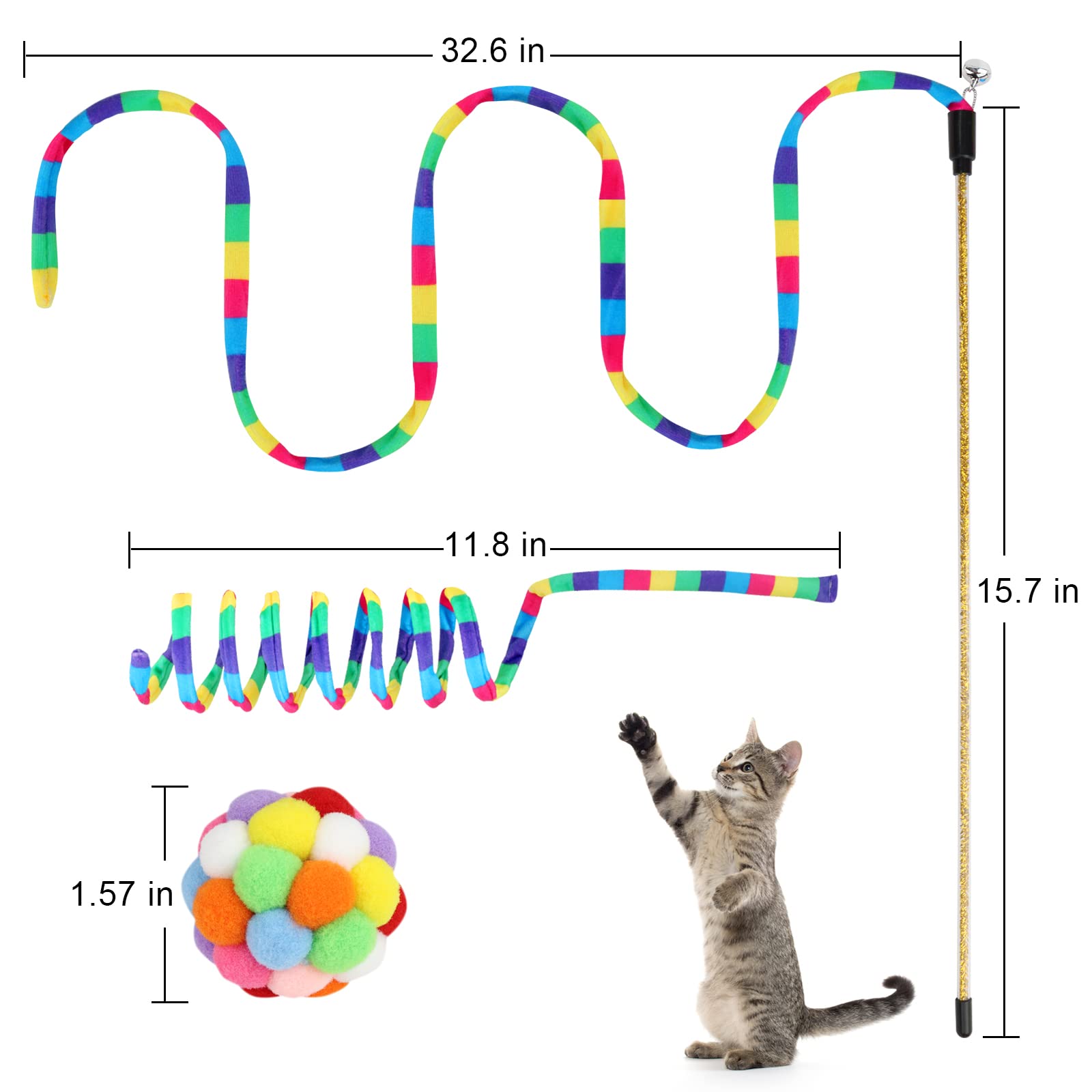**TUSATIY 3-Pack Cat Toys Set - Interactive Cat Wand with Fuzzy Balls, Bells & Springs - Rainbow Color Toys for Indoor Cats & Kittens - Perfect for Playtime, Exercise & Bonding**