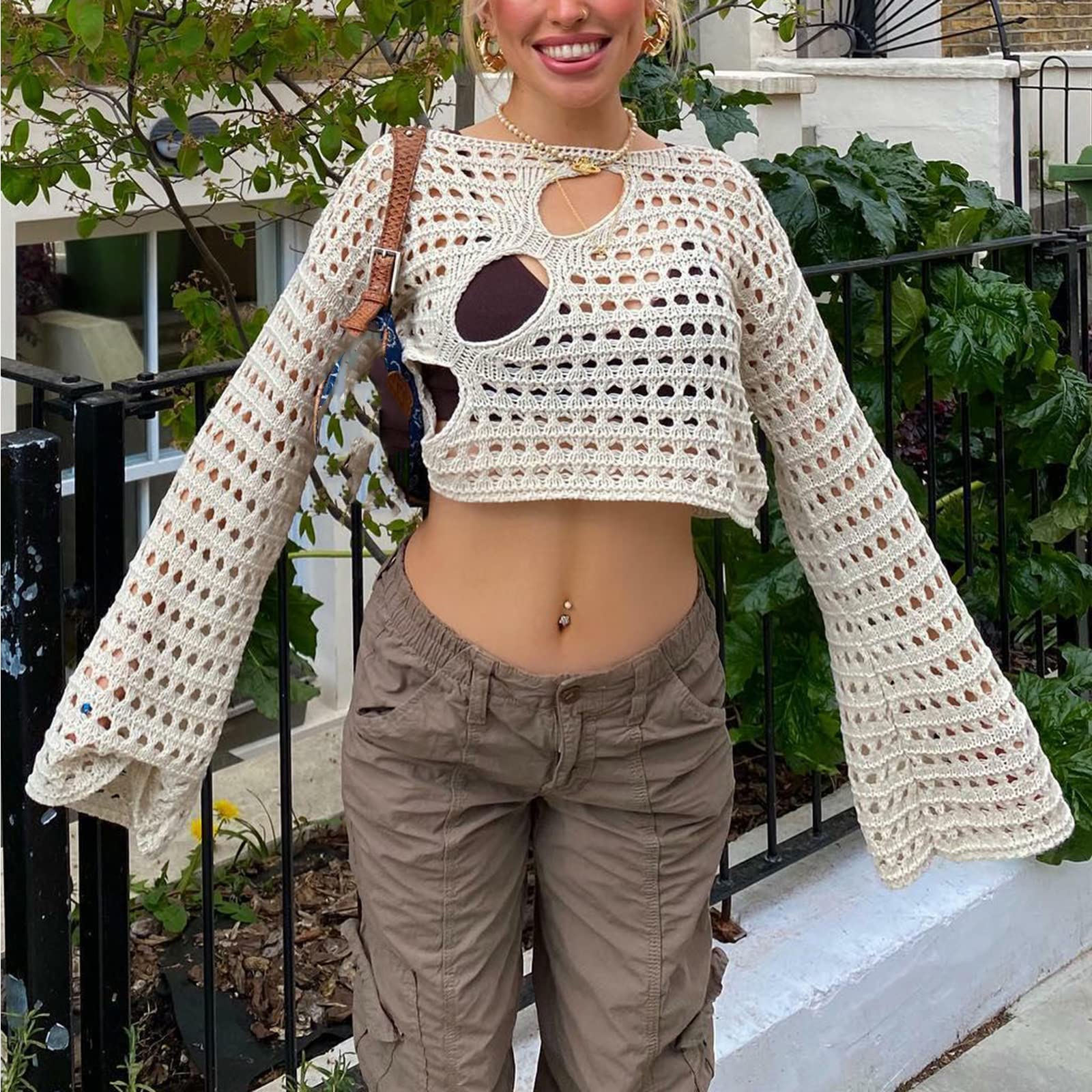 Sunloudy Women's Cropped Knit Top - Long Sleeve Crochet Hollow Out Square Collar Sweater | Casual Chic Crop Tops for Fall & Winter | Perfect for Date Night, Office Wear & Holiday Outfits