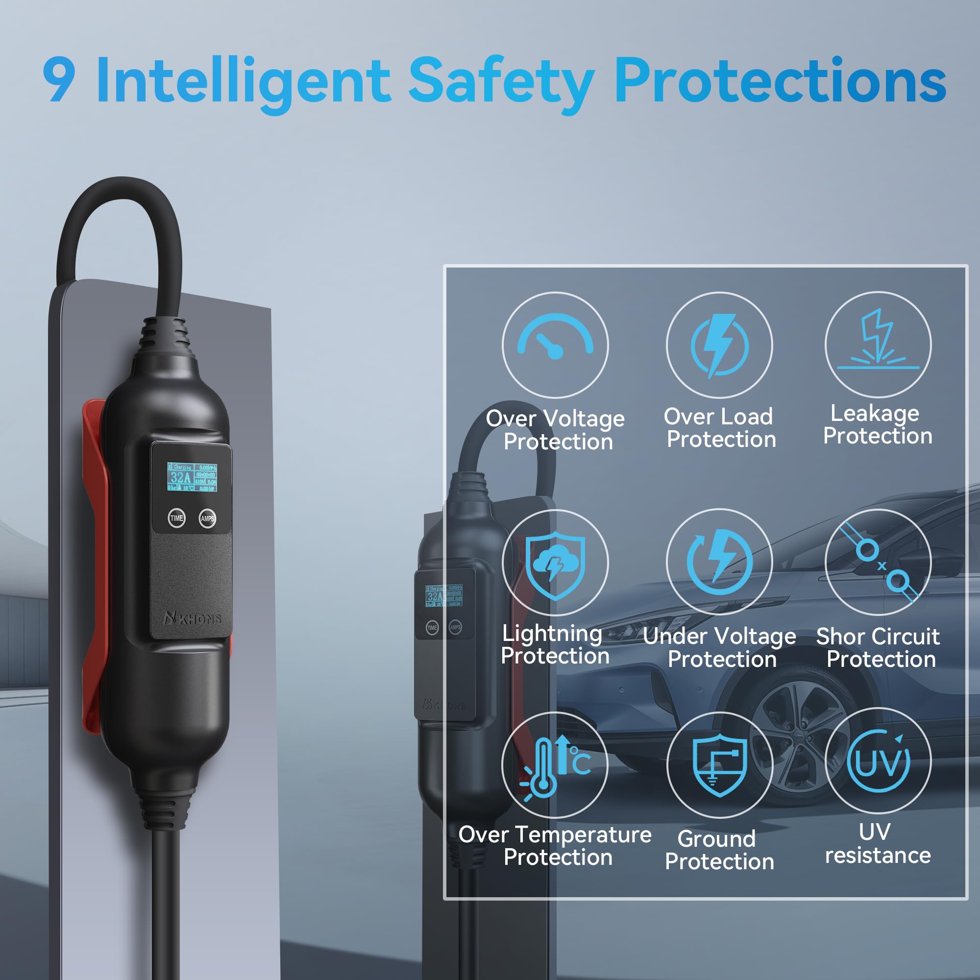32Amp 240V Level 2 EV Charger with J1772 Connector - Portable Electric Vehicle Charging Station with Adjustable Current, NEMA 14-50 Plug & Smart APP Control - Perfect for Home, Office & Public Charging Stations
