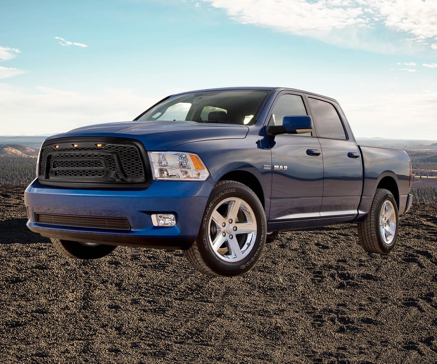 IKON MOTORSPORTS Gloss Black Mesh Grille for 2009-2012 Ram 1500 - Upper Front Bumper Hood Grill Shell with LED Signal Lights | Perfect for Off-Roading & Truck Customization