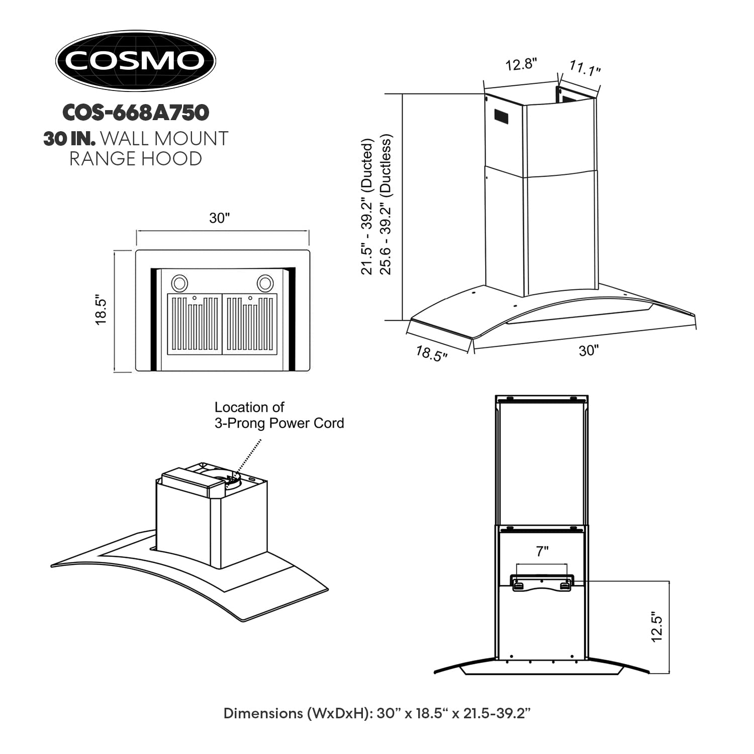 COSMO COS-668A750 30-inch Stainless Steel Wall Mount Range Hood - 380 CFM Ducted Ventilation with LED Lights & Button Controls | Perfect for Kitchen Remodeling & Cooking Ventilation