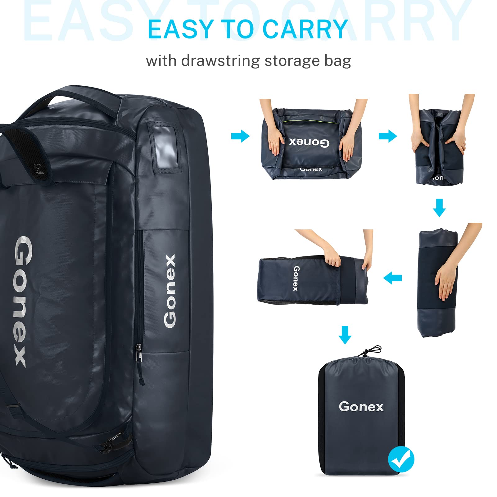 Gonex 80L Waterproof Duffel Bag Backpack - Convertible Gym Backpack & Travel Handbag for Men & Women - Ideal for Hiking, Camping, Cycling & Air Travel - Dark Blue