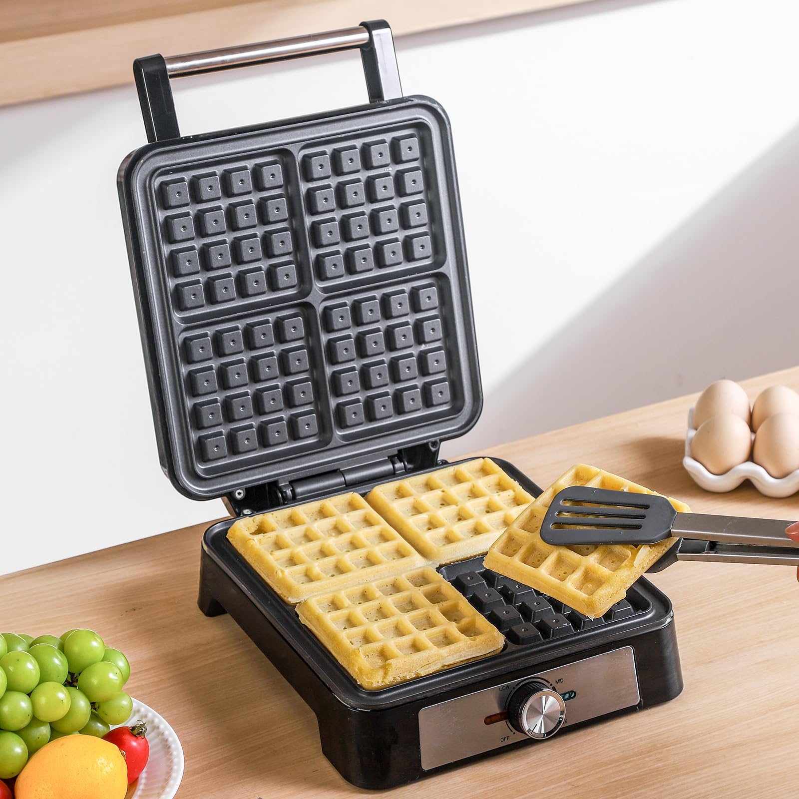 **4-Square Belgian Waffle Maker with Non-Stick Plates – 1600W Fast Heating, 3 Browning Levels – Perfect for Breakfast, Brunch & Desserts – Quick & Easy Homemade Waffles**