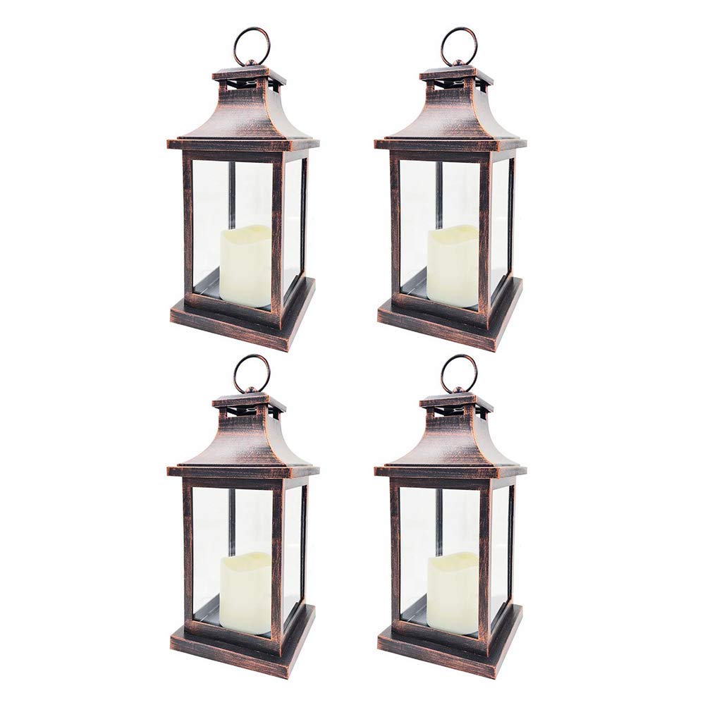Vintage Rustic LED Decorative Lanterns Set of 4 - Copper Table Centerpiece for Wedding, Bridal Shower, Anniversary Party - Kate Aspen Home Décor - Perfect for Indoor/Outdoor Events, Garden Decor & Holiday Lighting