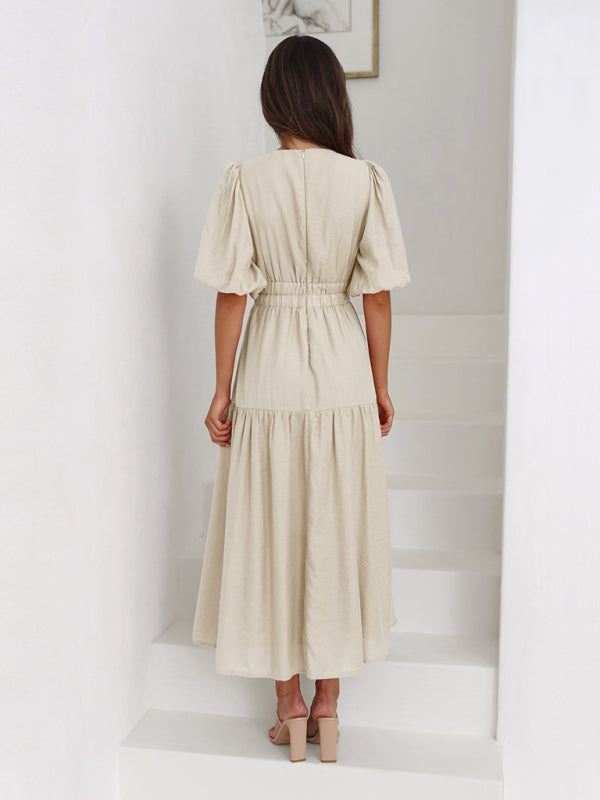 Elegant Women's Maxi Dress with Puff Sleeves - Flowy Summer Dress for Beach, Wedding & Party Occasions