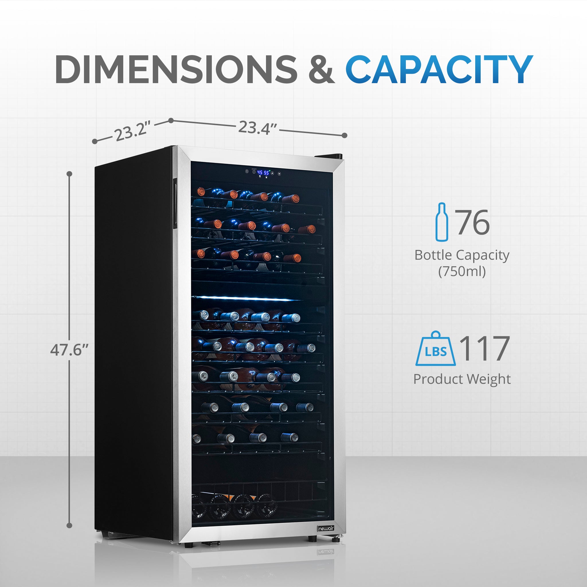 Newair® 76 Bottle 23 Inch Stainless Steel Freestanding Dual Zone Wine Cooler Refrigerator - Perfect for Home Bars, Restaurants, and Wine Cellars