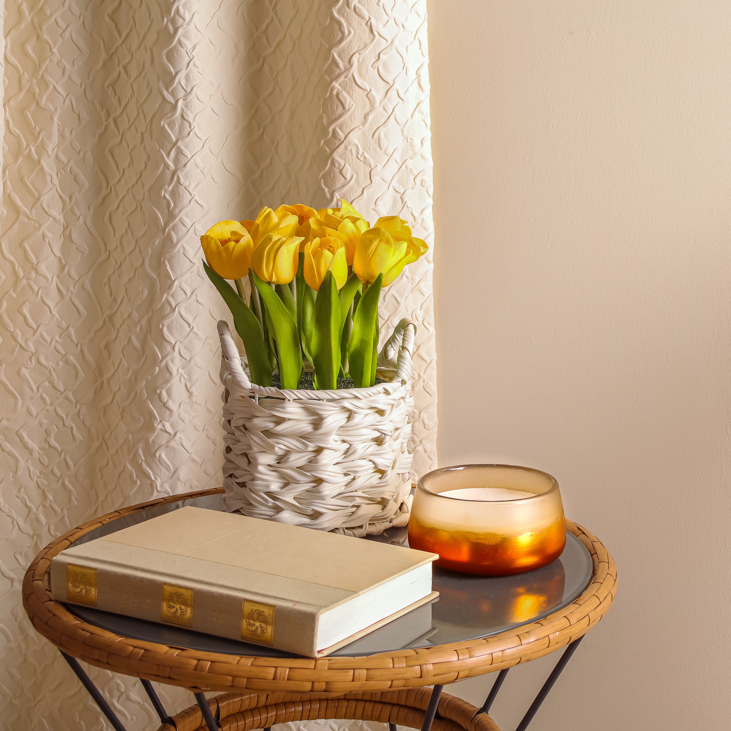 10 Inch Spring Yellow Tulip Bouquet in White Basket - Perfect for Easter Decor, Mother's Day Gift & Home Centerpiece