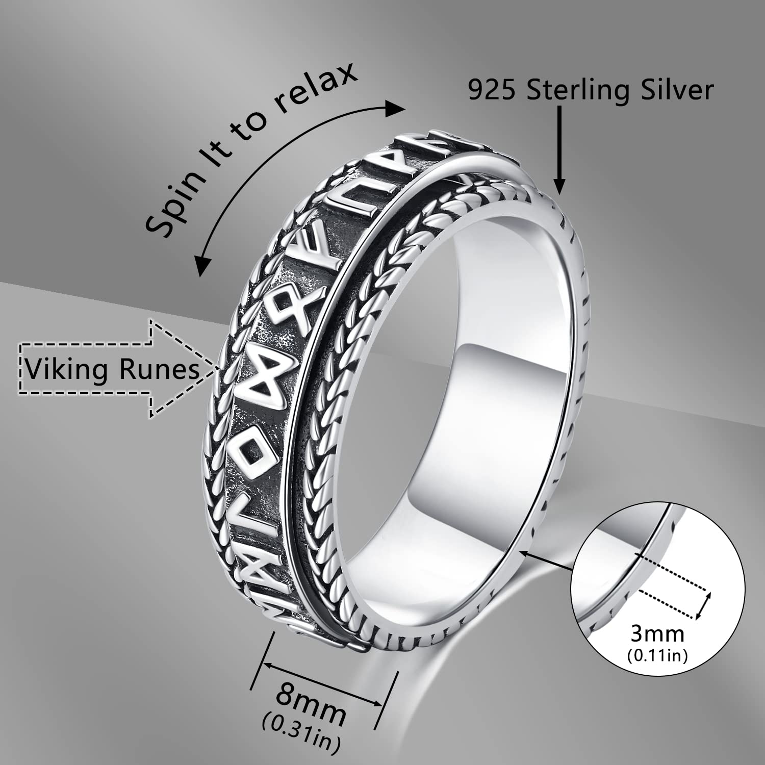 Viking Spinner Ring 925 Silver Stress Relief Jewelry for Women & Men - Perfect for Anxiety Relief & Gifting