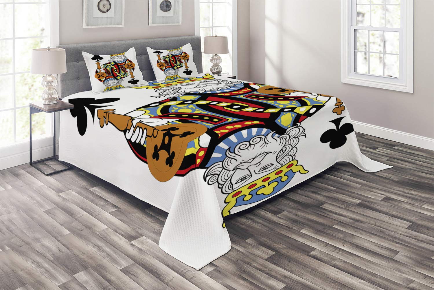 Ambesonne King Size 3-Piece Quilted Bedspread Set with 2 Pillow Shams - King of Clubs Poker Card Game Theme Decorative Coverlet - Multicolor Luxury Bedding for Casino Night, Game Room Decor or Poker Themed Bedroom