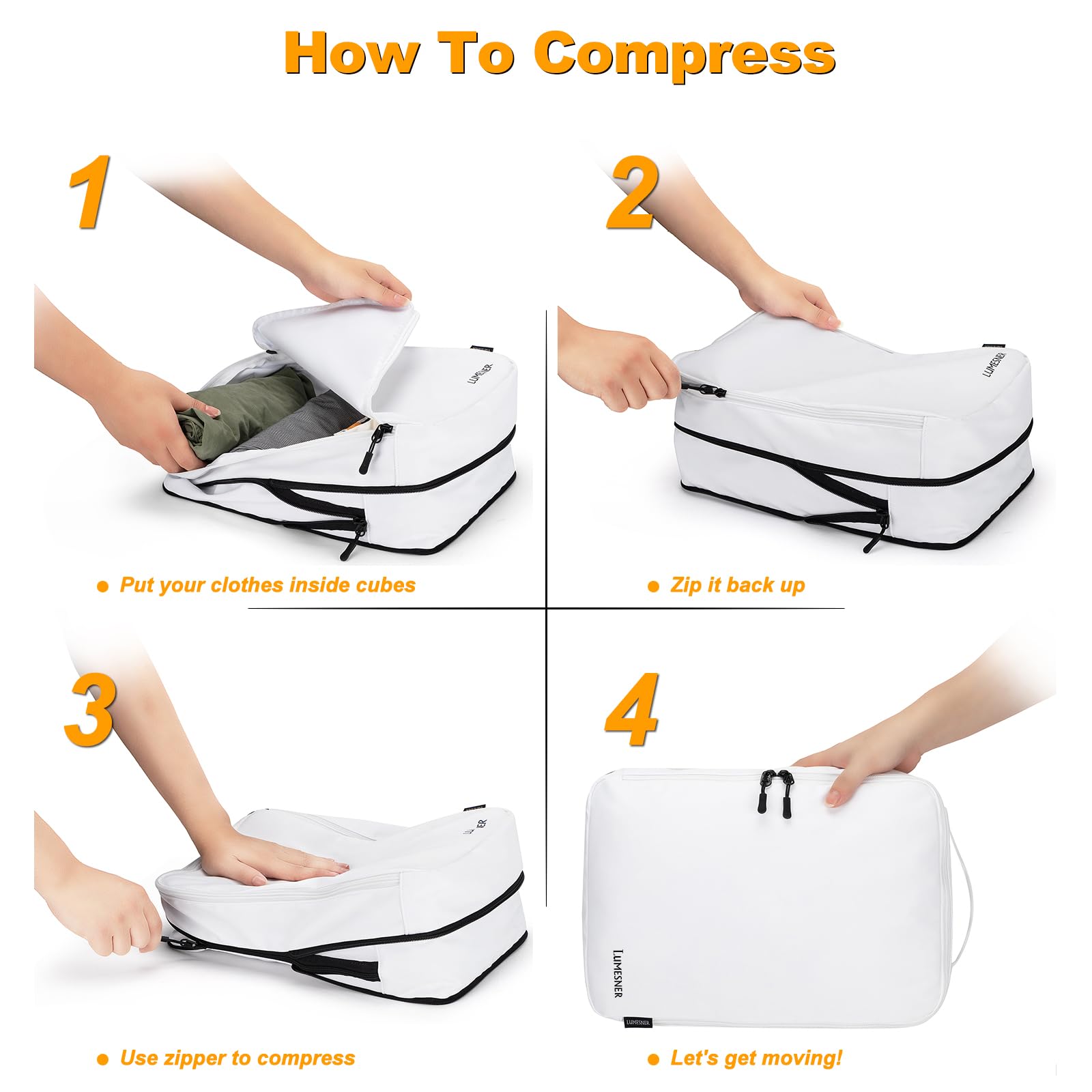 Lumesner 8-Piece Compression Packing Cubes Set for Travel - Space Saving Organizers for Carry-On Luggage & Suitcases (White) | Perfect for Business Trips, Vacations & Weekend Getaways