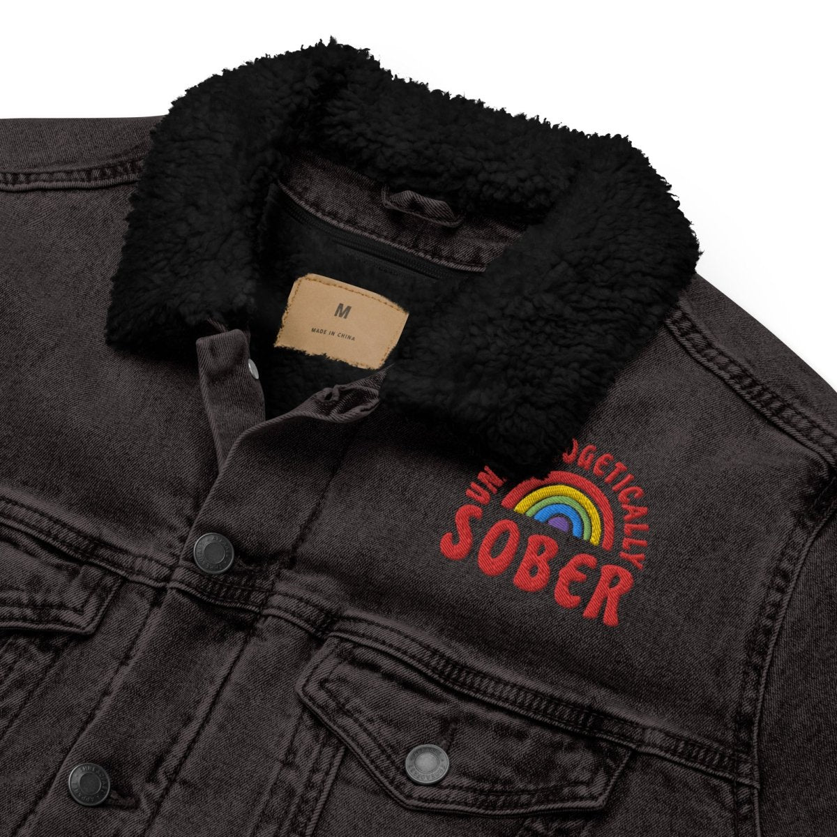 Unisex Sherpa Denim Jacket with Embroidered 'Unapologetically Sober' Design - Cozy Winter Fashion for Sober Living & Recovery Support