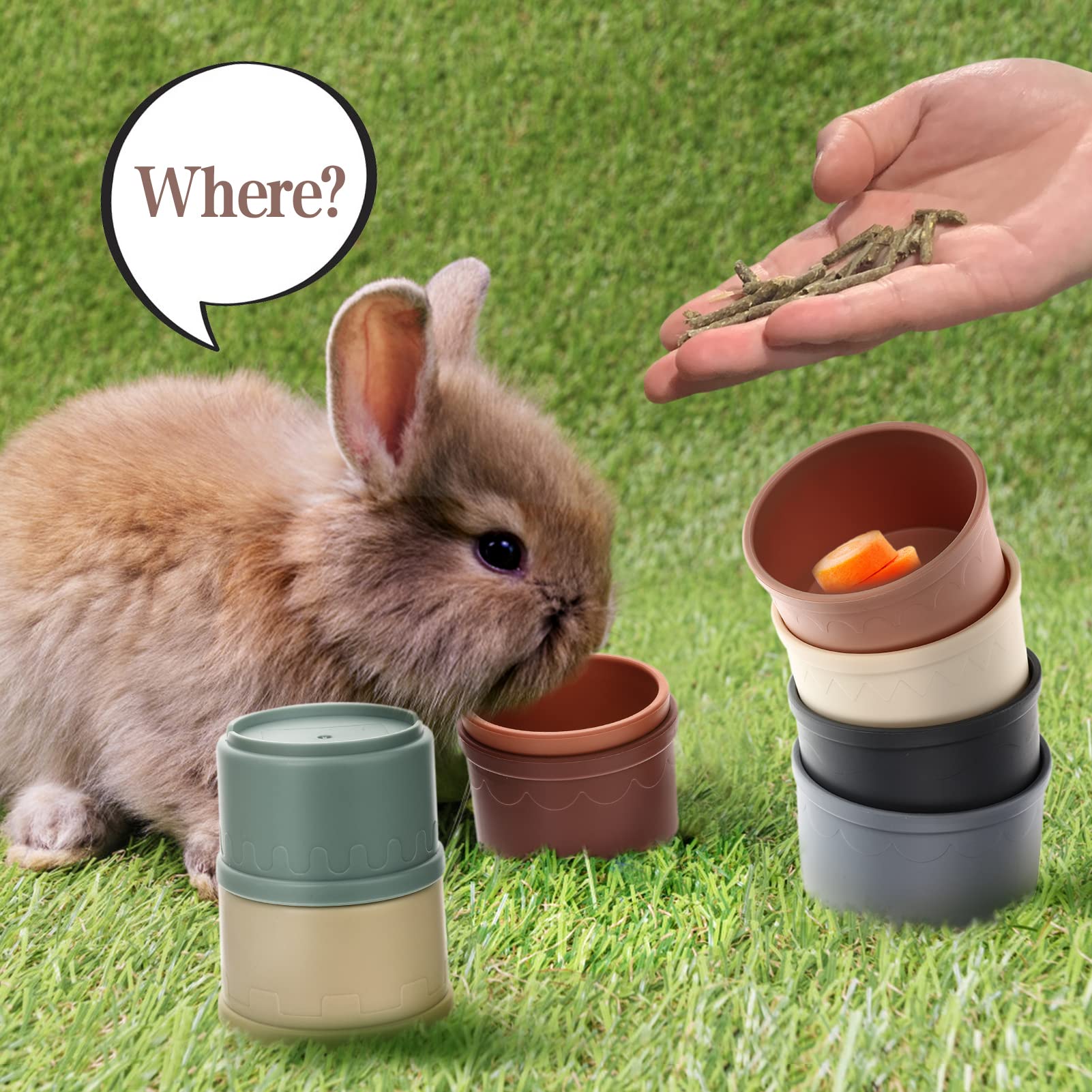 MEWTOGO 8-Piece Stacking Cups for Small Animals - Colorful Reusable Rabbit Toys, Safe Plastic Nesting & Hiding Cups for Bunnies, Guinea Pigs, Hamsters - Perfect for Food Play, Enrichment & Training