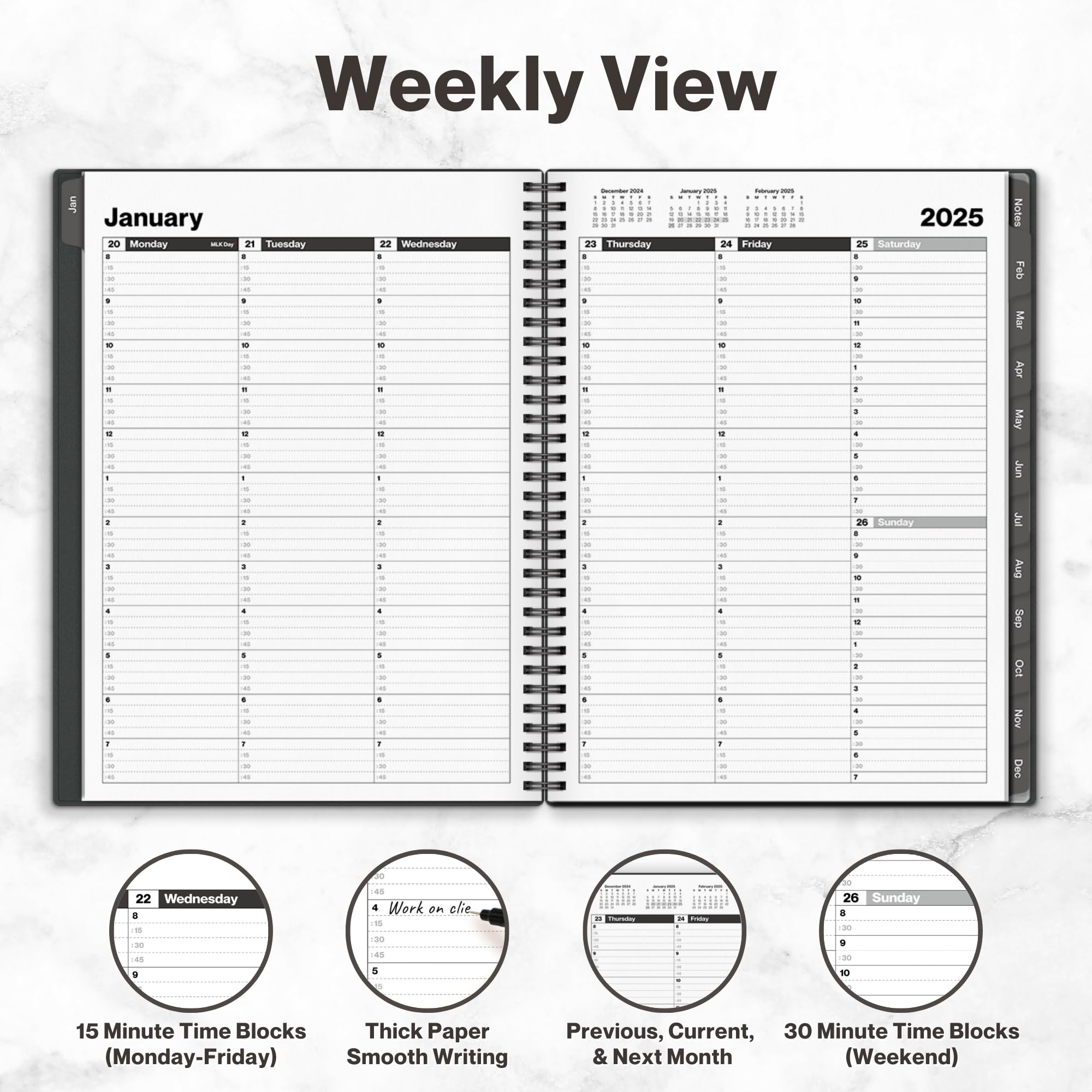 Dunwell 2025 Large Appointment Book - 8.5x11 Gray Weekly Planner with Monthly Tabs | 15-Minute Time Slots for Daily & Hourly Scheduling | Perfect for Office, School & Personal Organization (Jan-Dec 2025)