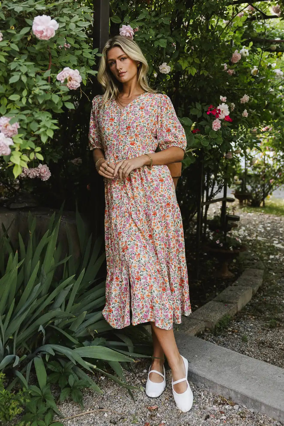 Marcia Floral Print Summer Dress in Peach - Women's Flowy Casual Sundress for Beach, Vacation & Outdoor Parties