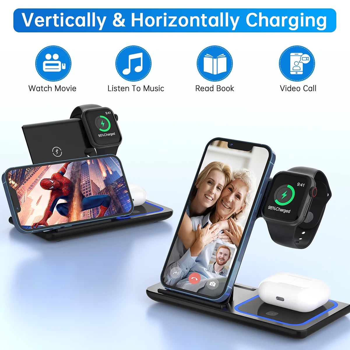 18W Fast Wireless Charging Station for iPhone 16/15/14/13/12/11/Pro Max/Plus - 3-in-1 Charging Stand for iWatch Series SE 10/9/8/7/6/5/4/3 & AirPods Pro/3/2 (Includes QC3.0 Adapter) | Perfect for Bedside, Office Desk & Travel Charging